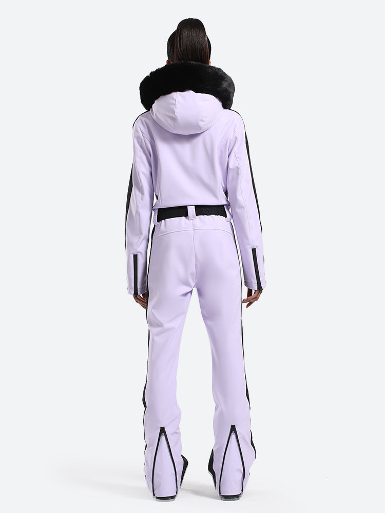 Women's Slim-Fit Stretch Faux Fur Off White One-Piece Ski Suit