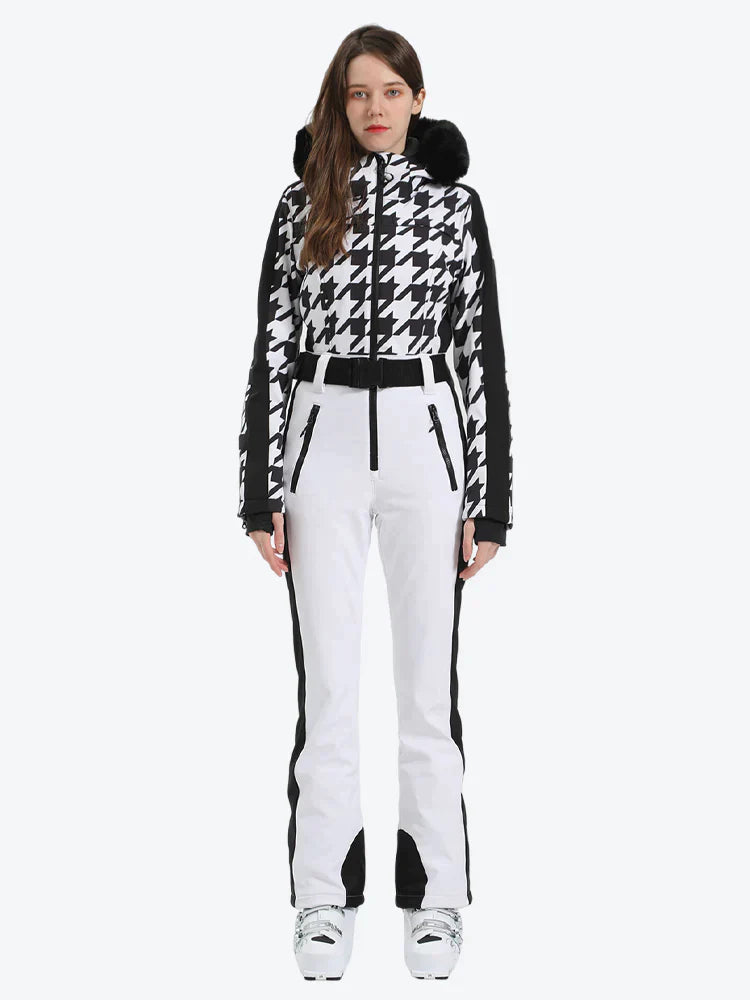 Women's Houndstooth White Faux Fur Hood One-Piece Down Ski Suit