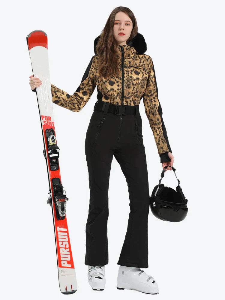 Women's Houndstooth White Faux Fur Hood One-Piece Down Ski Suit