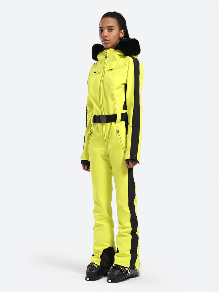 Women's Slim-Fit Stretch Faux Fur Off White One-Piece Ski Suit