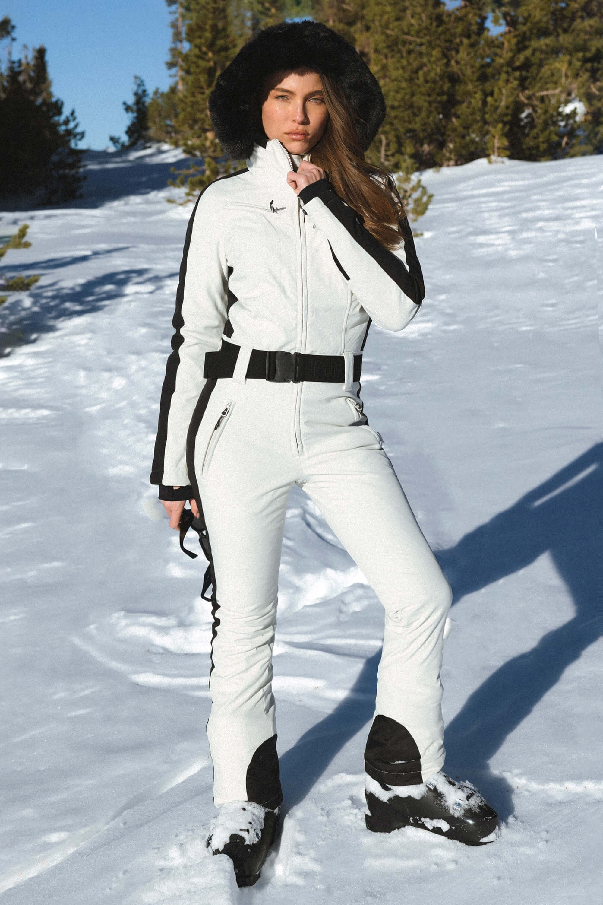 Women's Slim-Fit Stretch Faux Fur Tan Houndstooth One-Piece Ski Suit