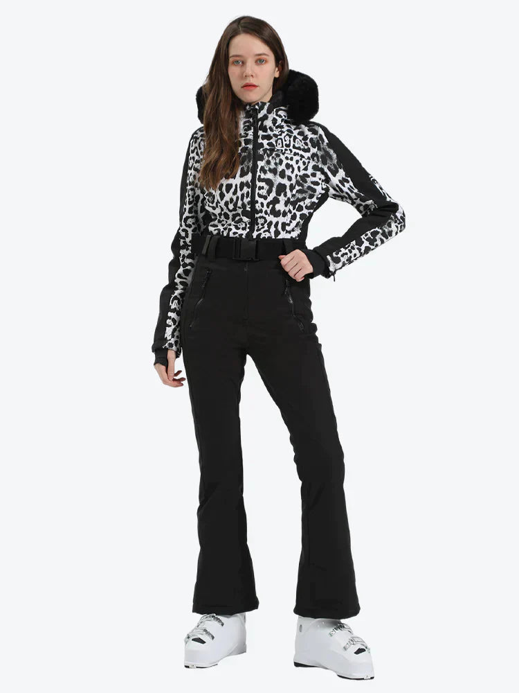 Women's Houndstooth White Faux Fur Hood One-Piece Down Ski Suit