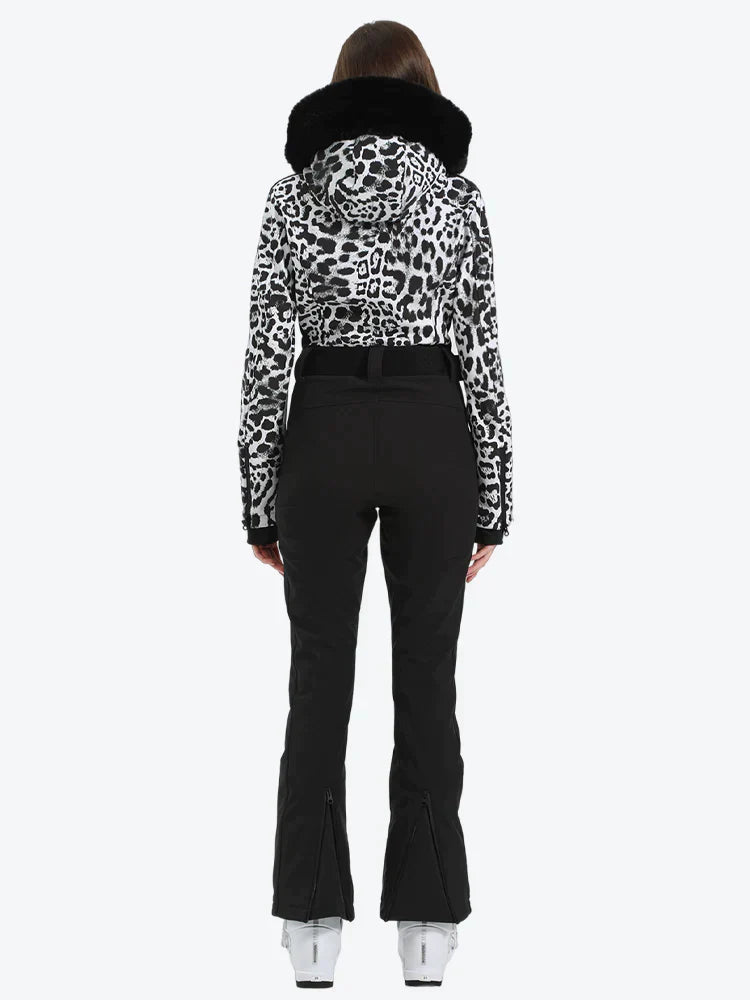 Women's Houndstooth White Faux Fur Hood One-Piece Down Ski Suit