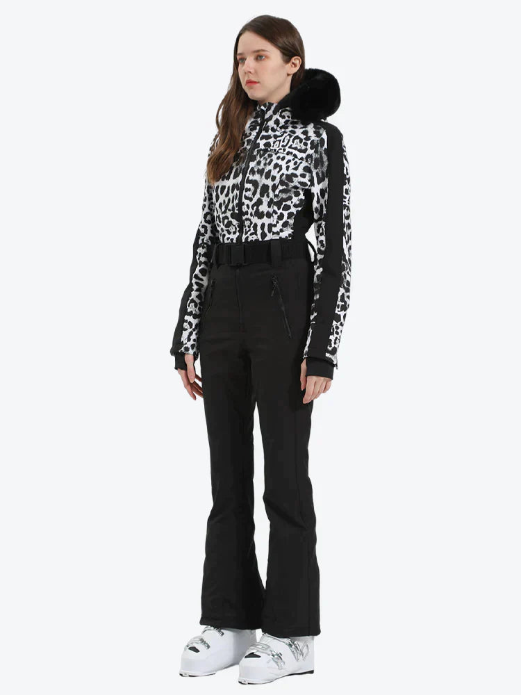 Women's Houndstooth White Faux Fur Hood One-Piece Down Ski Suit