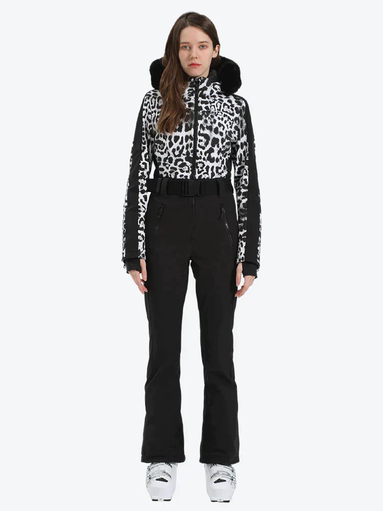 Women's Houndstooth White Faux Fur Hood One-Piece Down Ski Suit