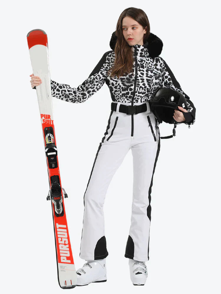 Women's Houndstooth White Faux Fur Hood One-Piece Down Ski Suit