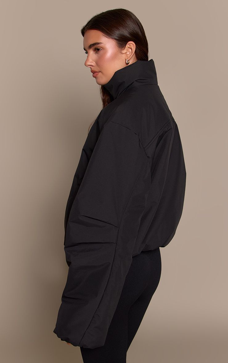 Black Funnel Neck Cocoon Sleeve Zip Through Jacket