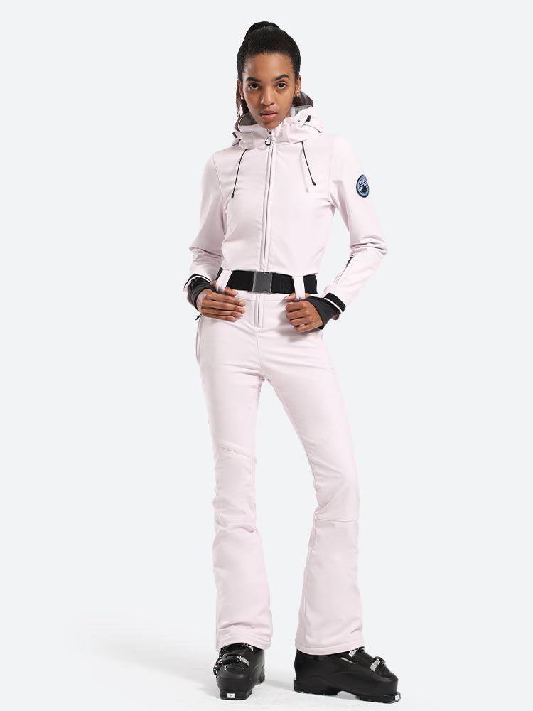 Women's Light Pink One-Piece Ski Suits with Removable Hood