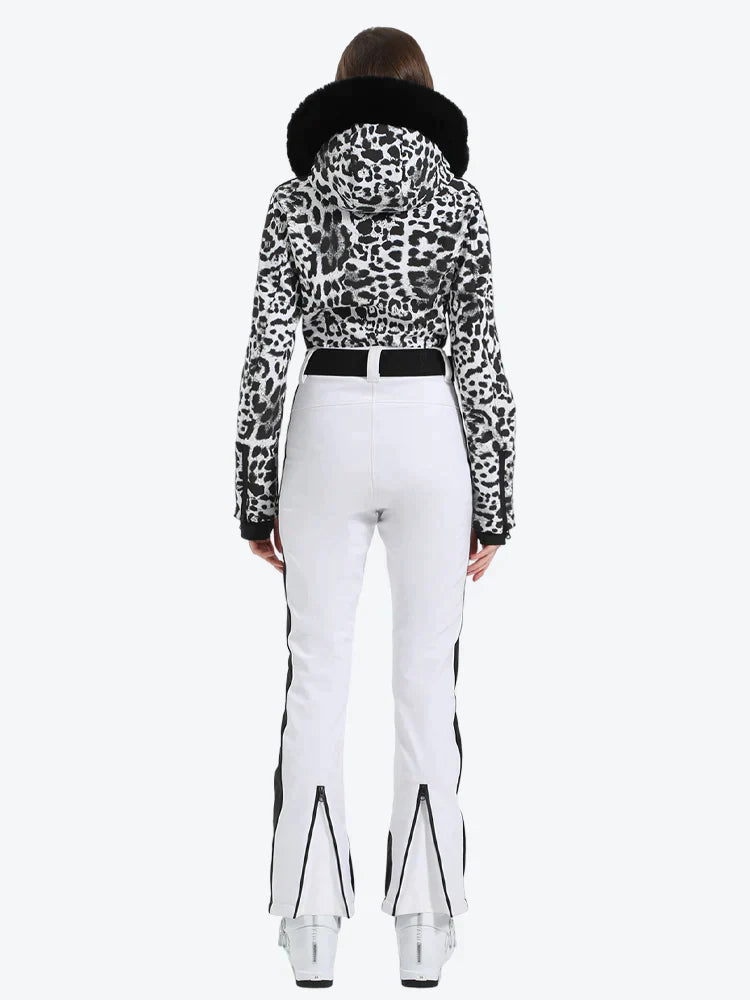 Women's Houndstooth White Faux Fur Hood One-Piece Down Ski Suit