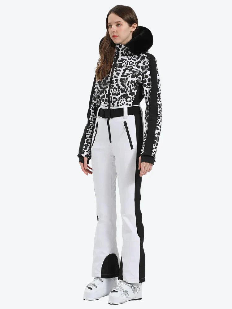 Women's Houndstooth White Faux Fur Hood One-Piece Down Ski Suit