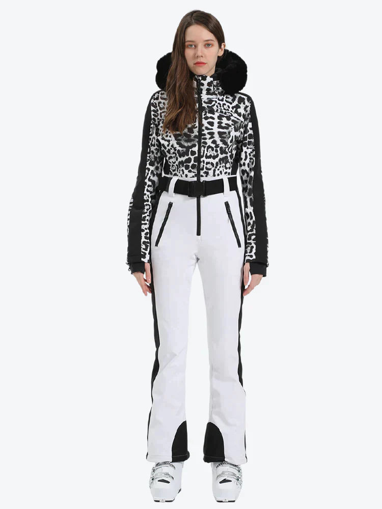 Women's Houndstooth White Faux Fur Hood One-Piece Down Ski Suit