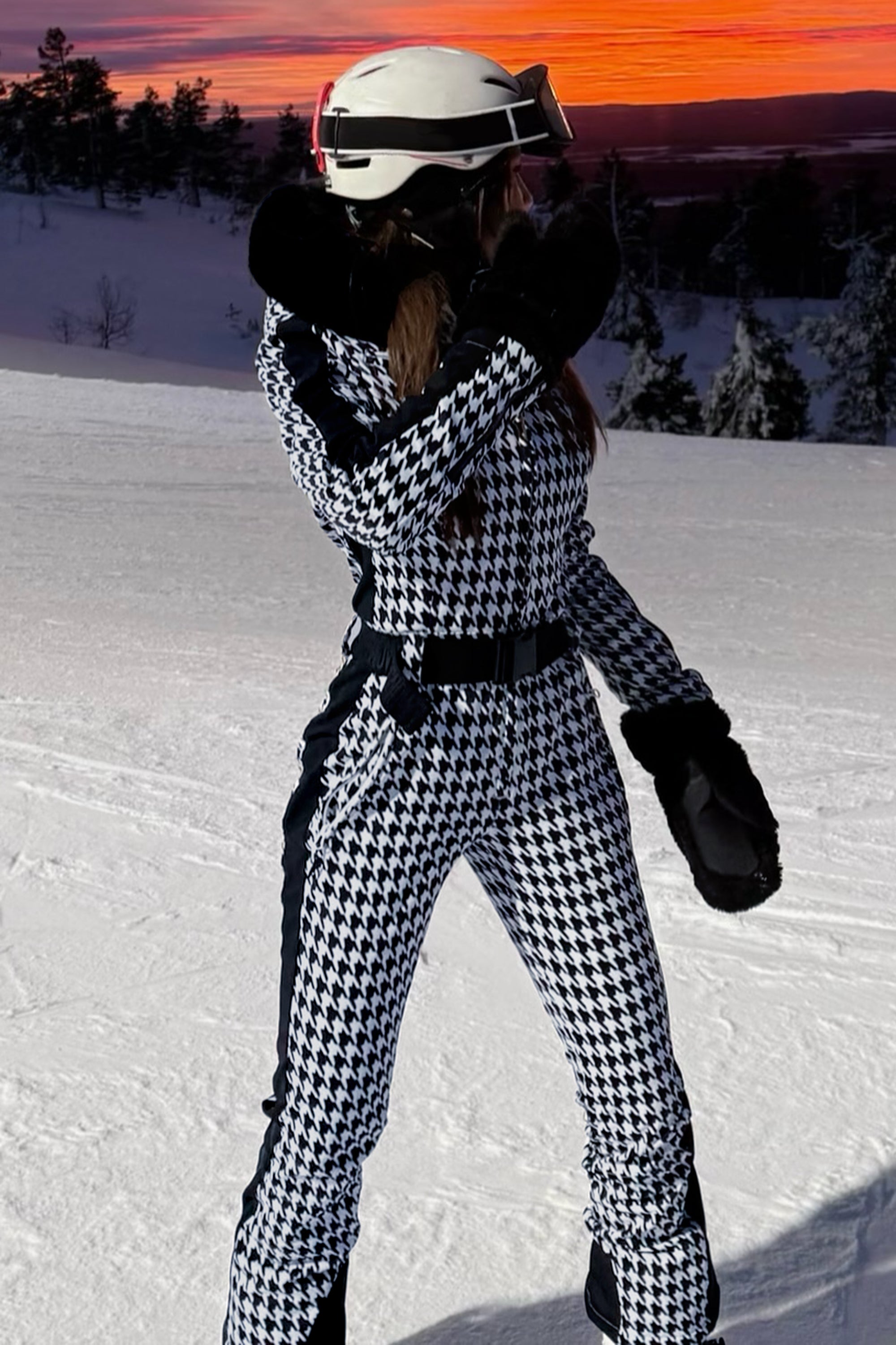 Women's Slim-Fit Stretch Faux Fur Tan Houndstooth One-Piece Ski Suit