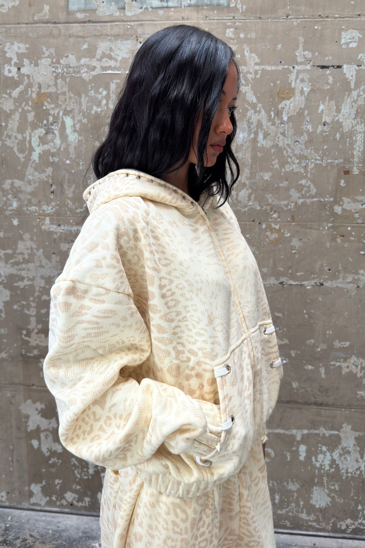 Leopard Zip Hoodie (Cream)