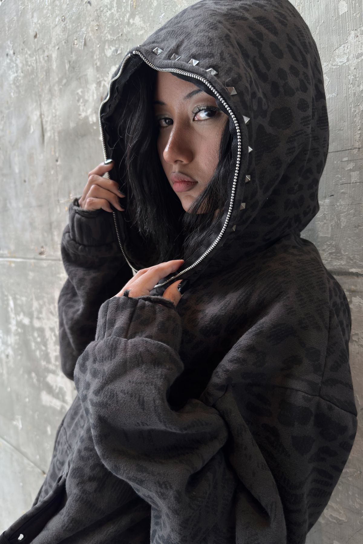 Leopard Zip Hoodie (Black)