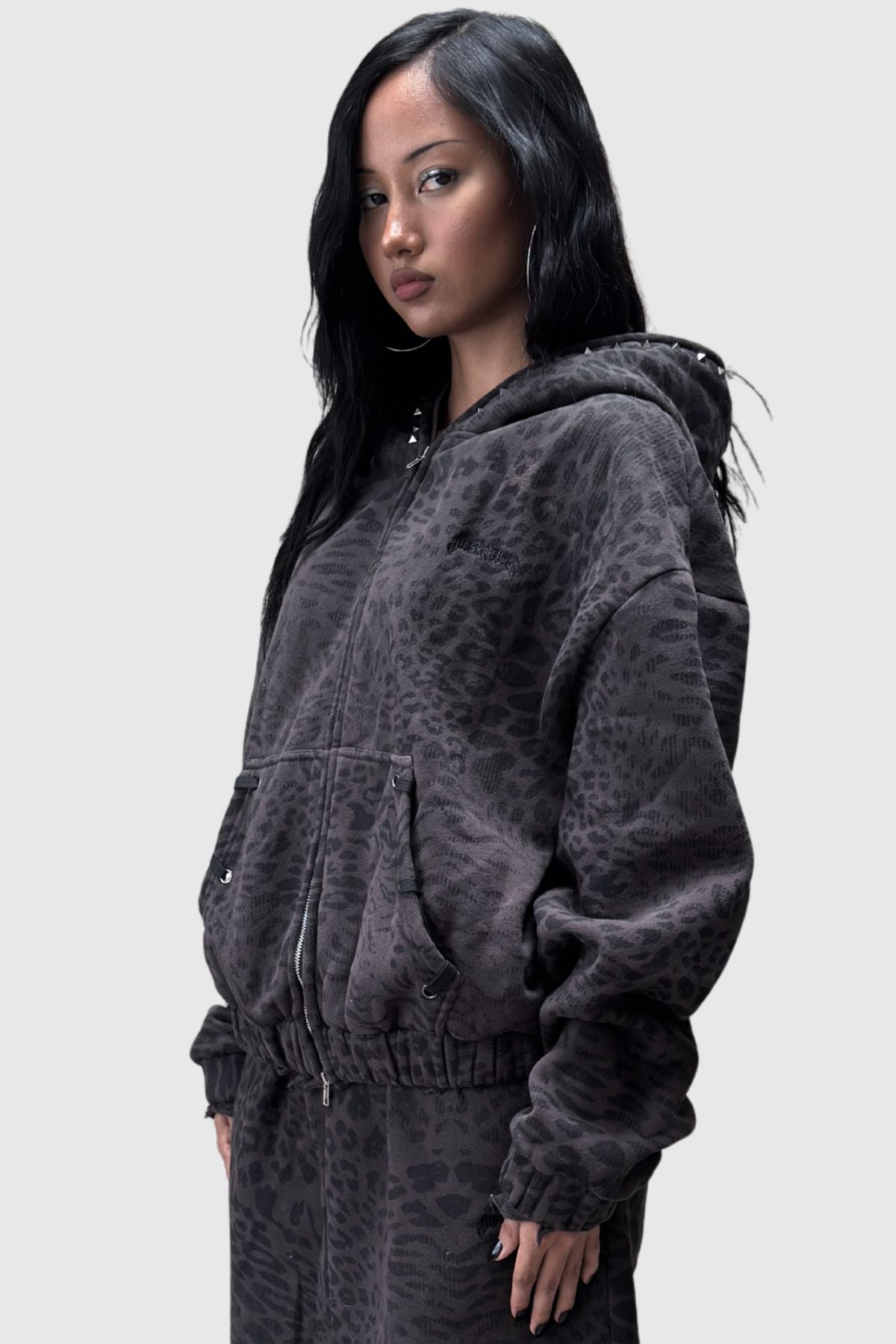 Leopard Zip Hoodie (Black)
