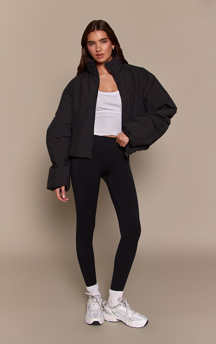 Black Funnel Neck Cocoon Sleeve Zip Through Jacket