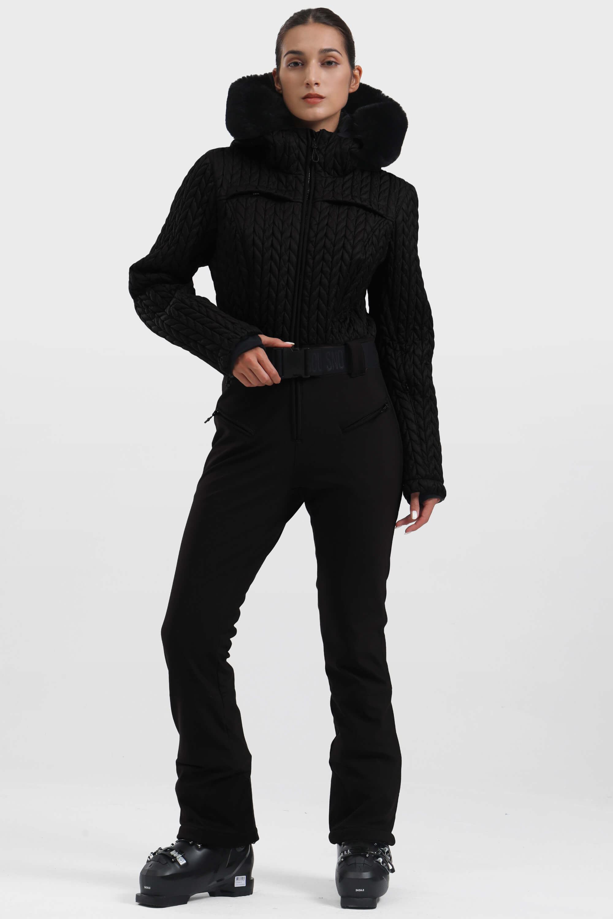 Women's Black Full Shirred Design One-Piece Ski Suit