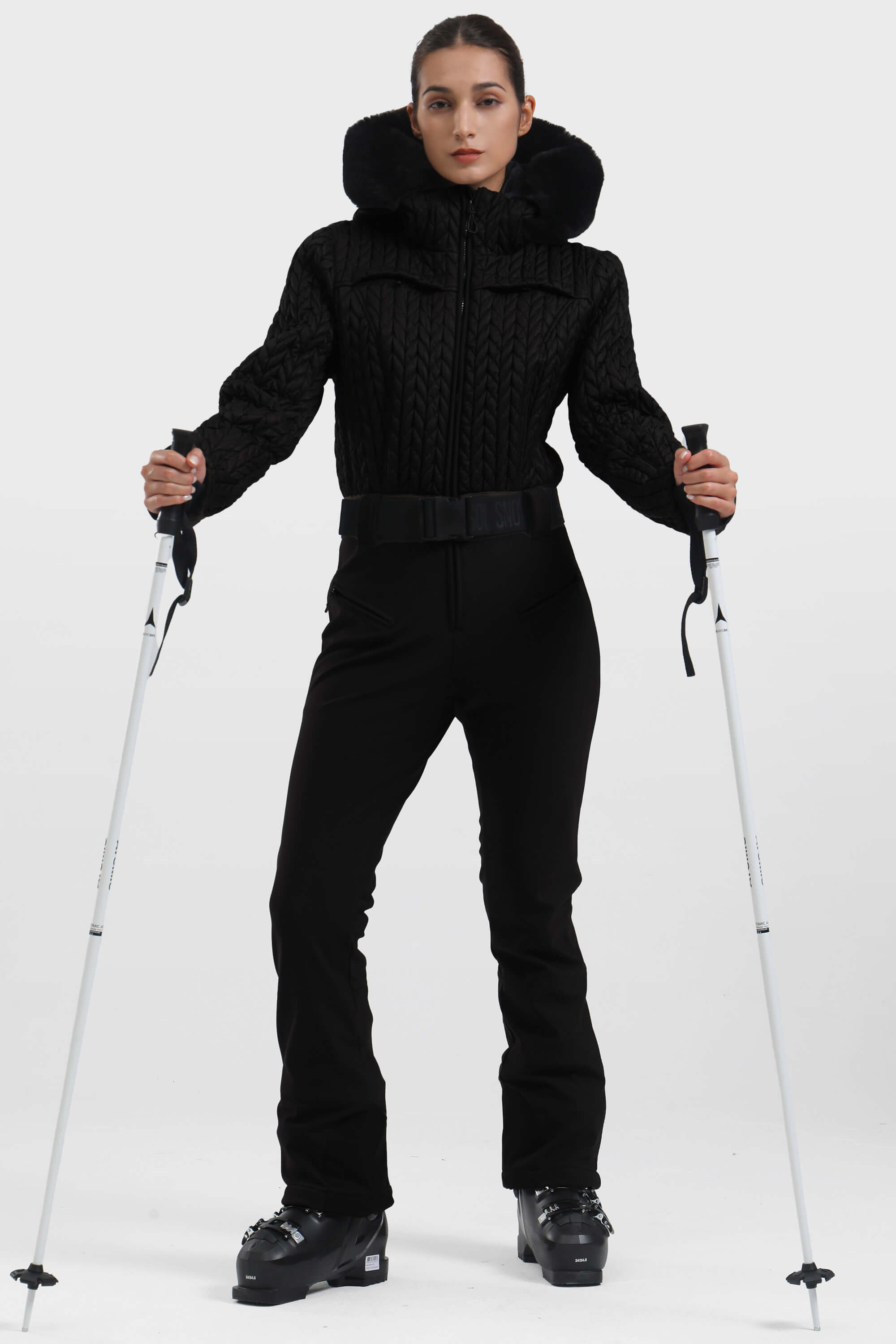 Women's Black Full Shirred Design One-Piece Ski Suit