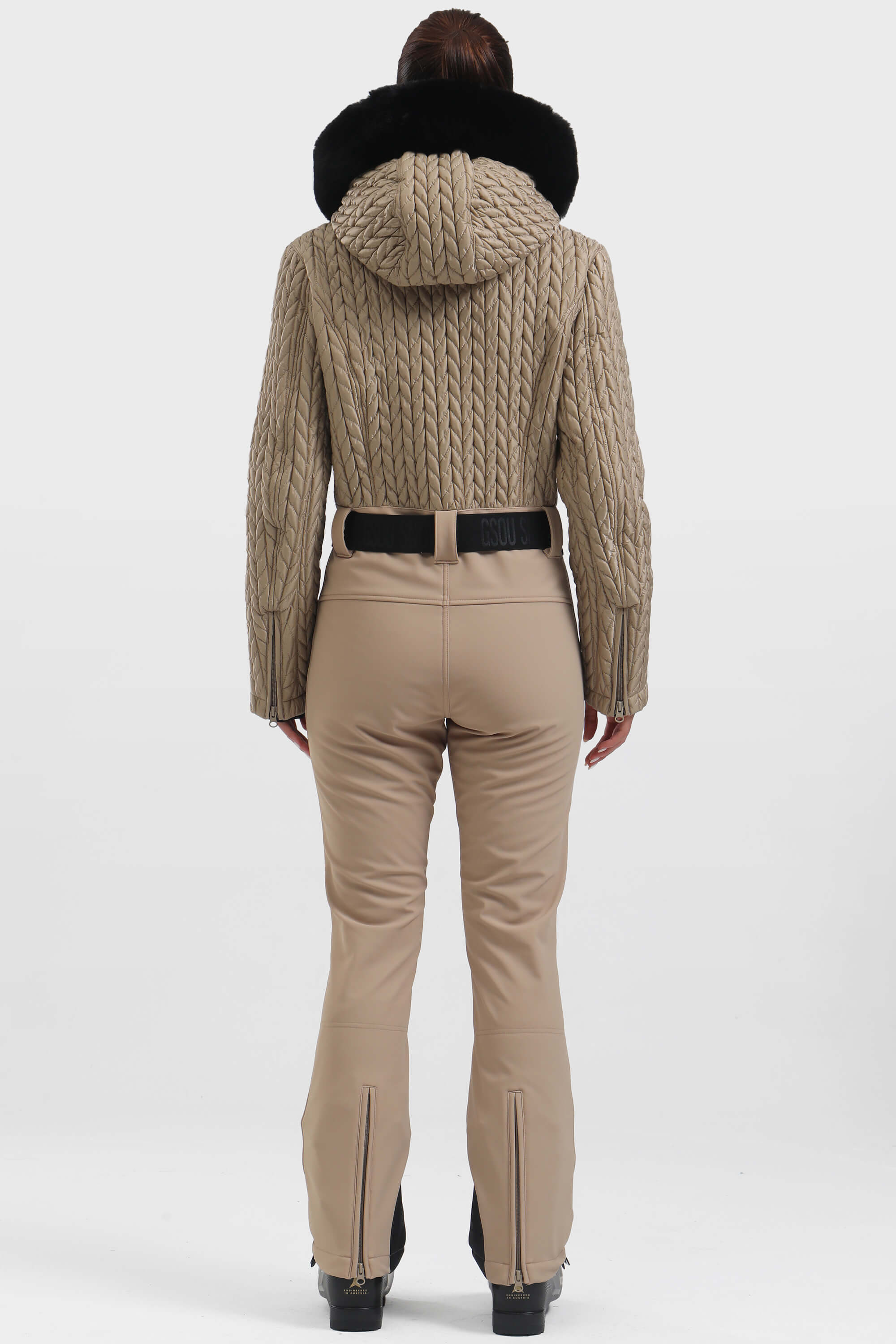 Women's Khaki Full Shirred Design One-Piece Ski Suit