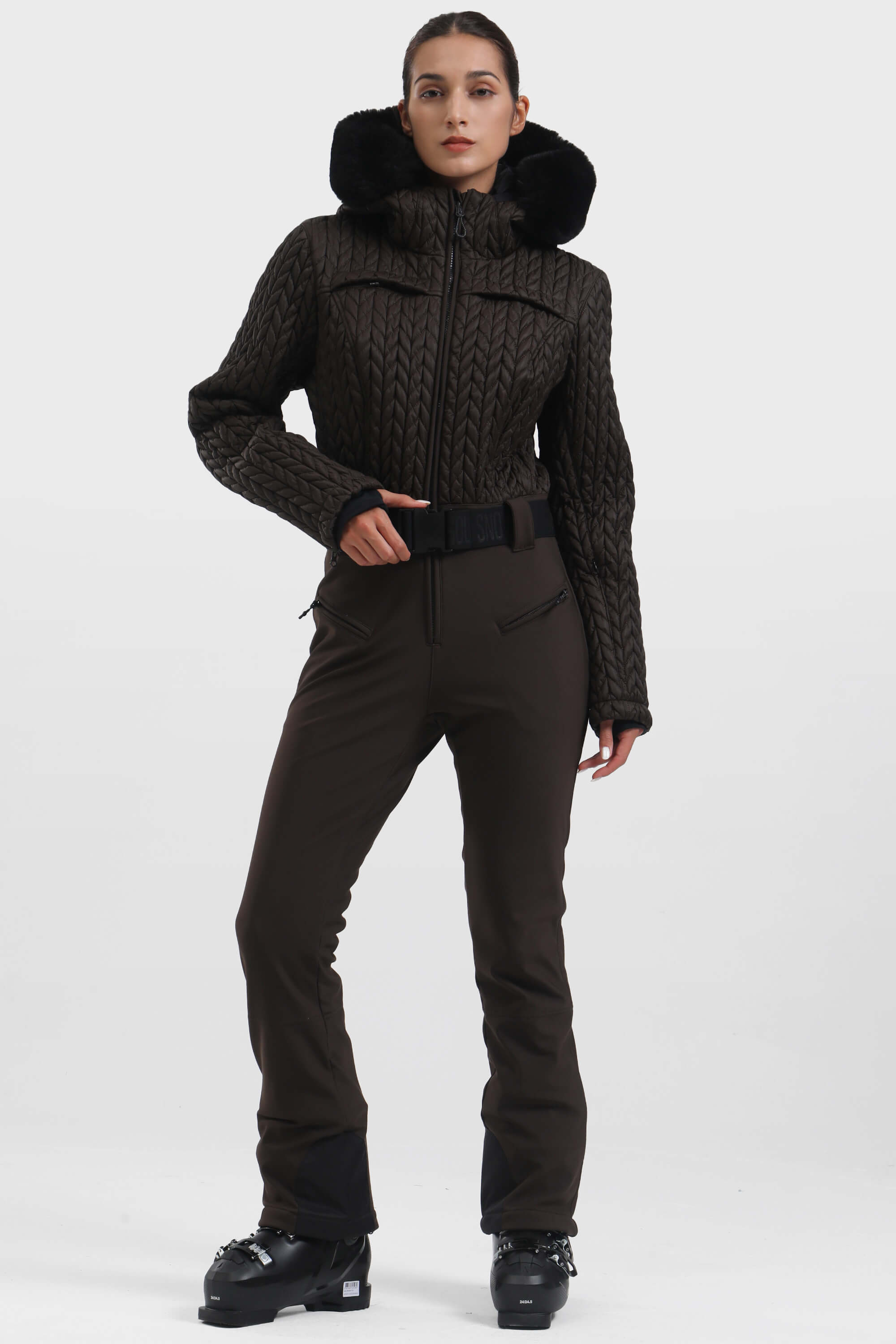 Women's Black Full Shirred Design One-Piece Ski Suit