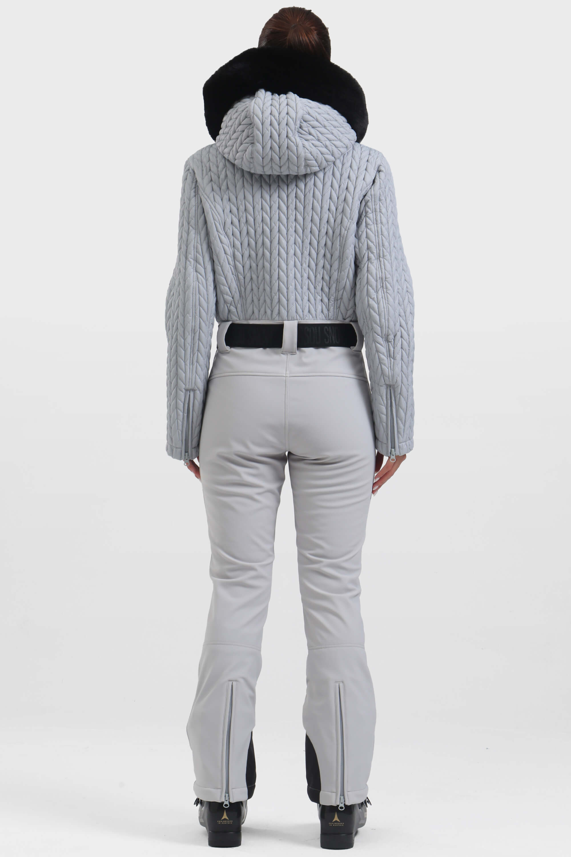 Women's Grey Full Shirred Design One-Piece Ski Suit