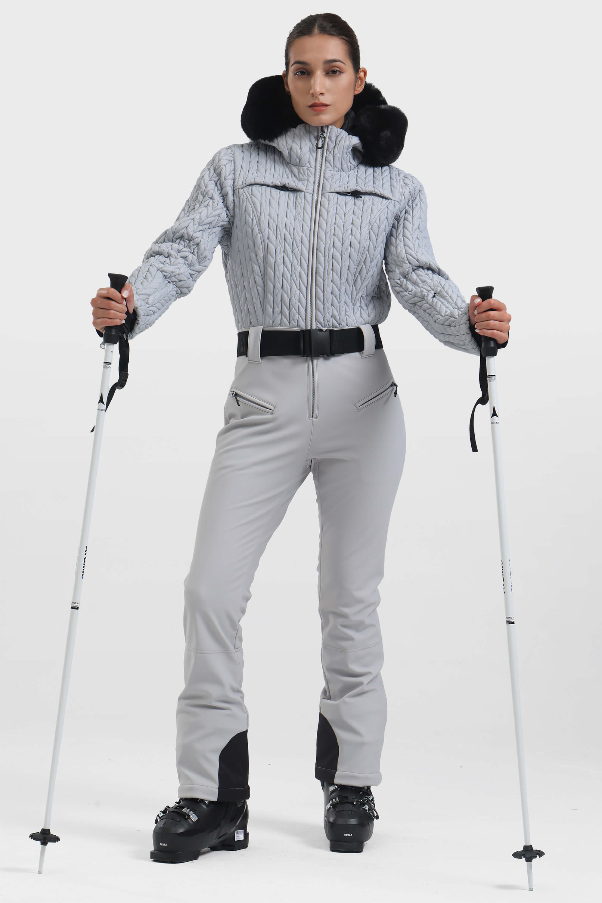 Women's Grey Full Shirred Design One-Piece Ski Suit