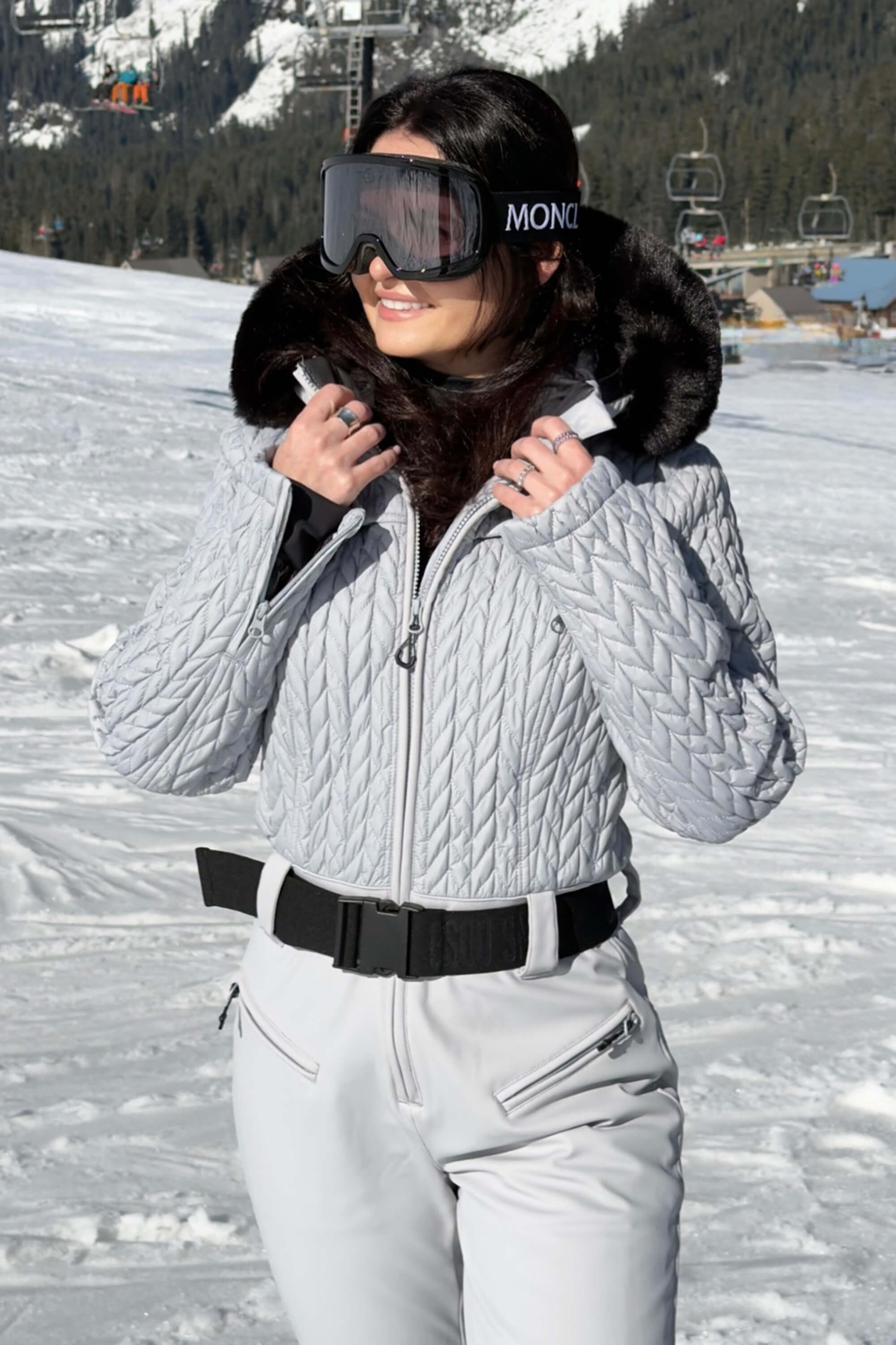 Women's Grey Full Shirred Design One-Piece Ski Suit