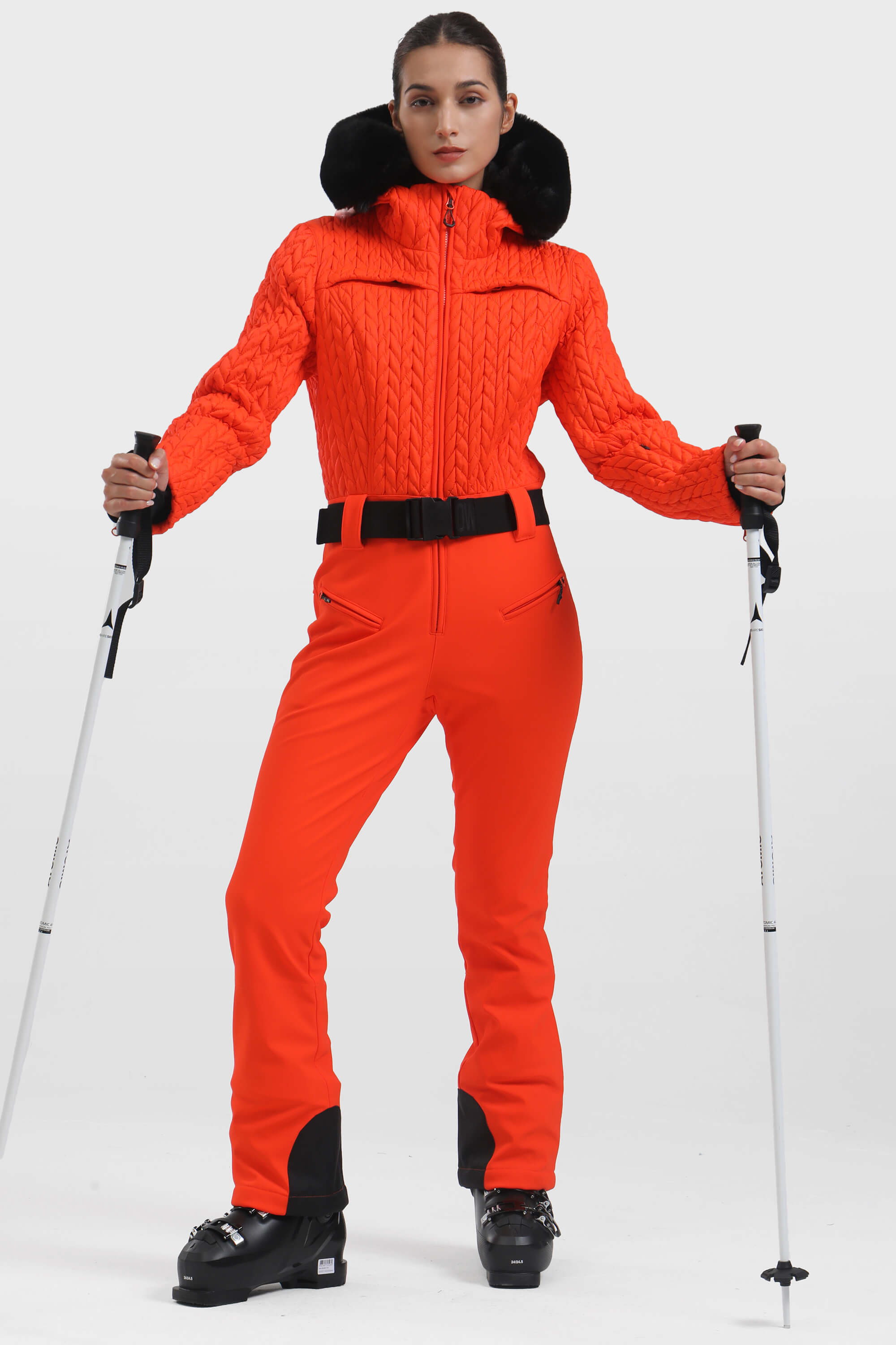Women's Neon Orange Full Shirred Design One-Piece Ski Suit