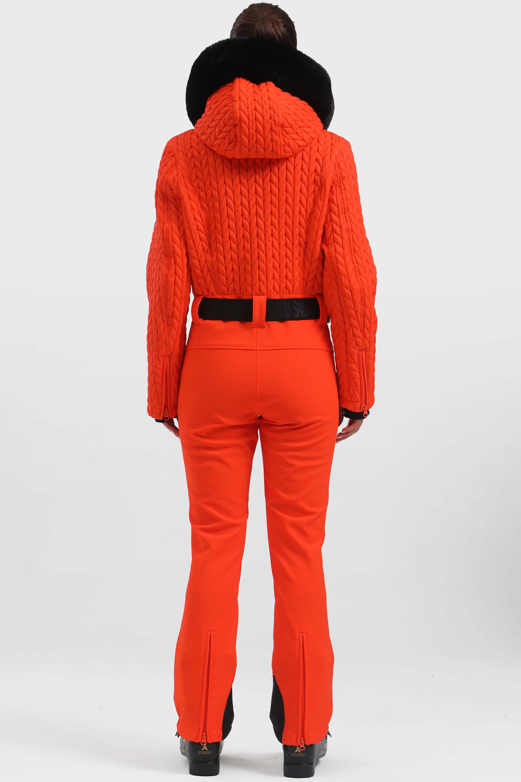 Women's Neon Orange Full Shirred Design One-Piece Ski Suit