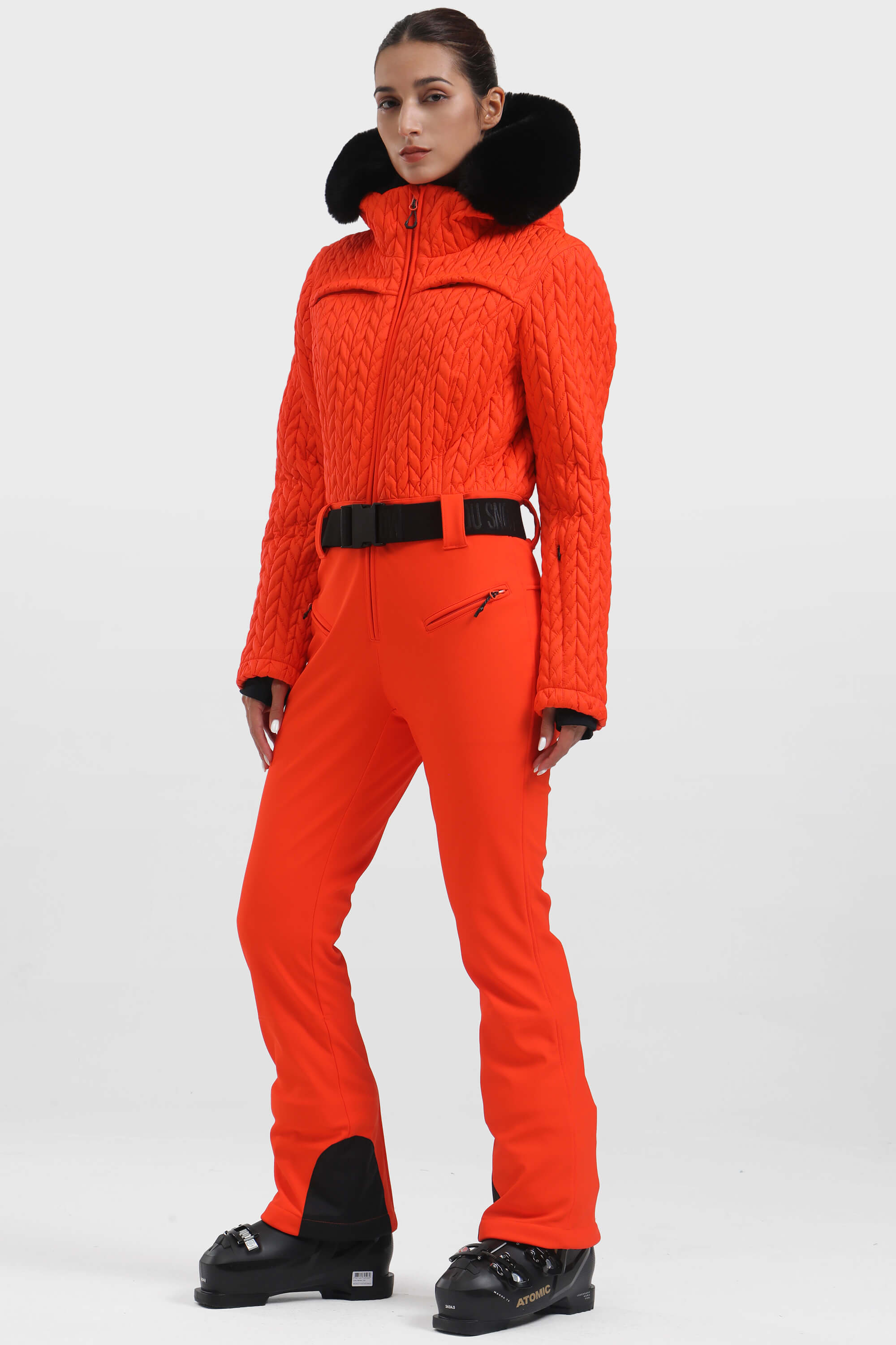 Women's Neon Orange Full Shirred Design One-Piece Ski Suit