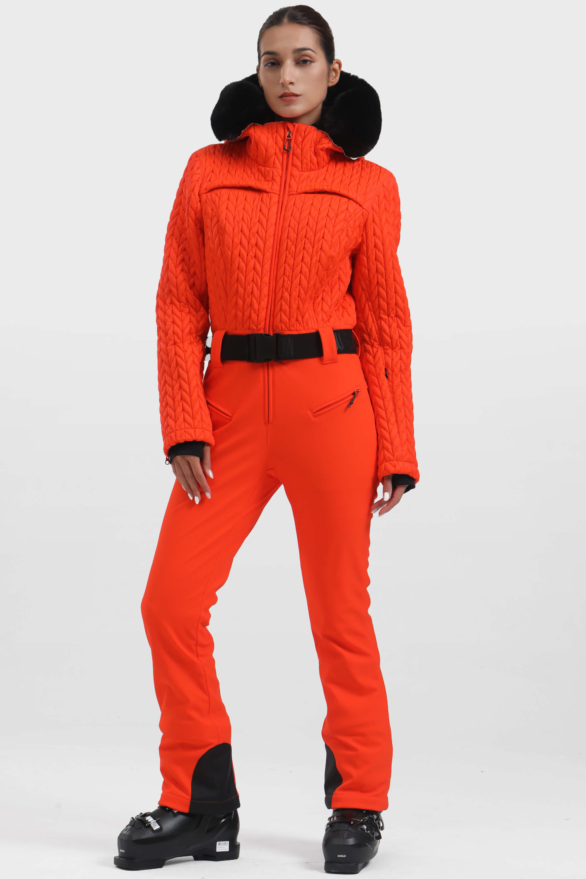 Women's Black Full Shirred Design One-Piece Ski Suit