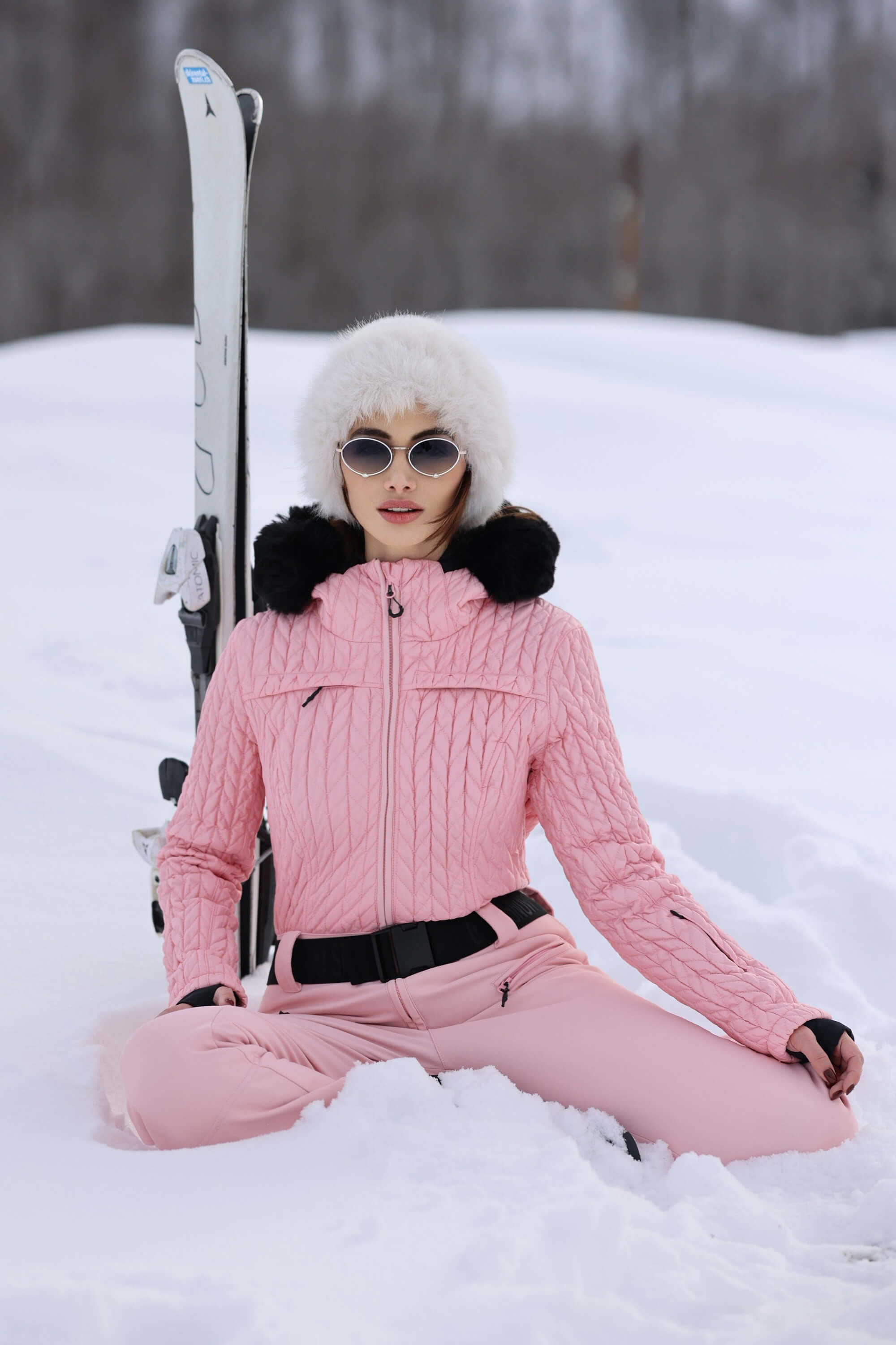 Women's Black Full Shirred Design One-Piece Ski Suit
