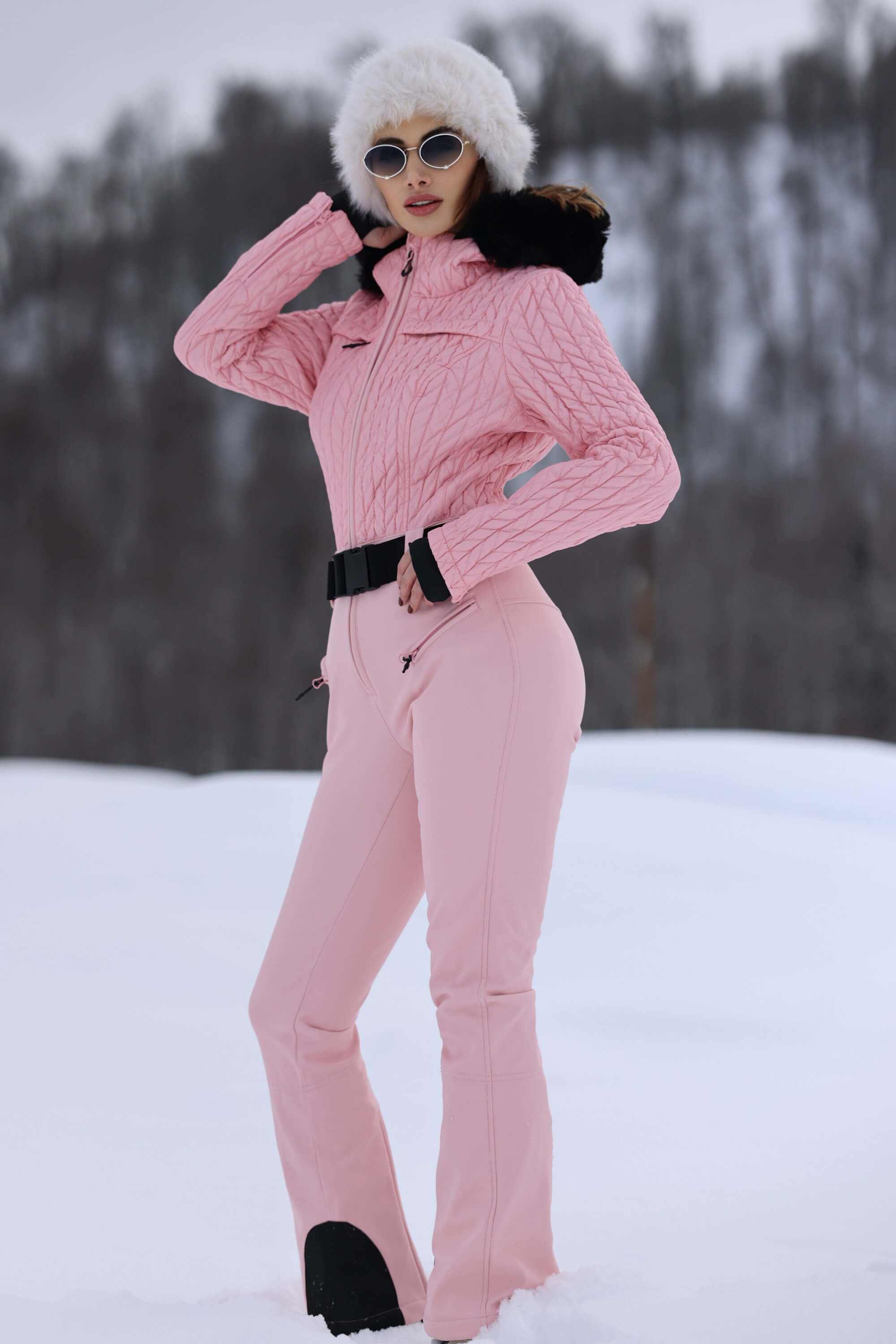 Women's Pink Full Shirred Design One-Piece Ski Suit