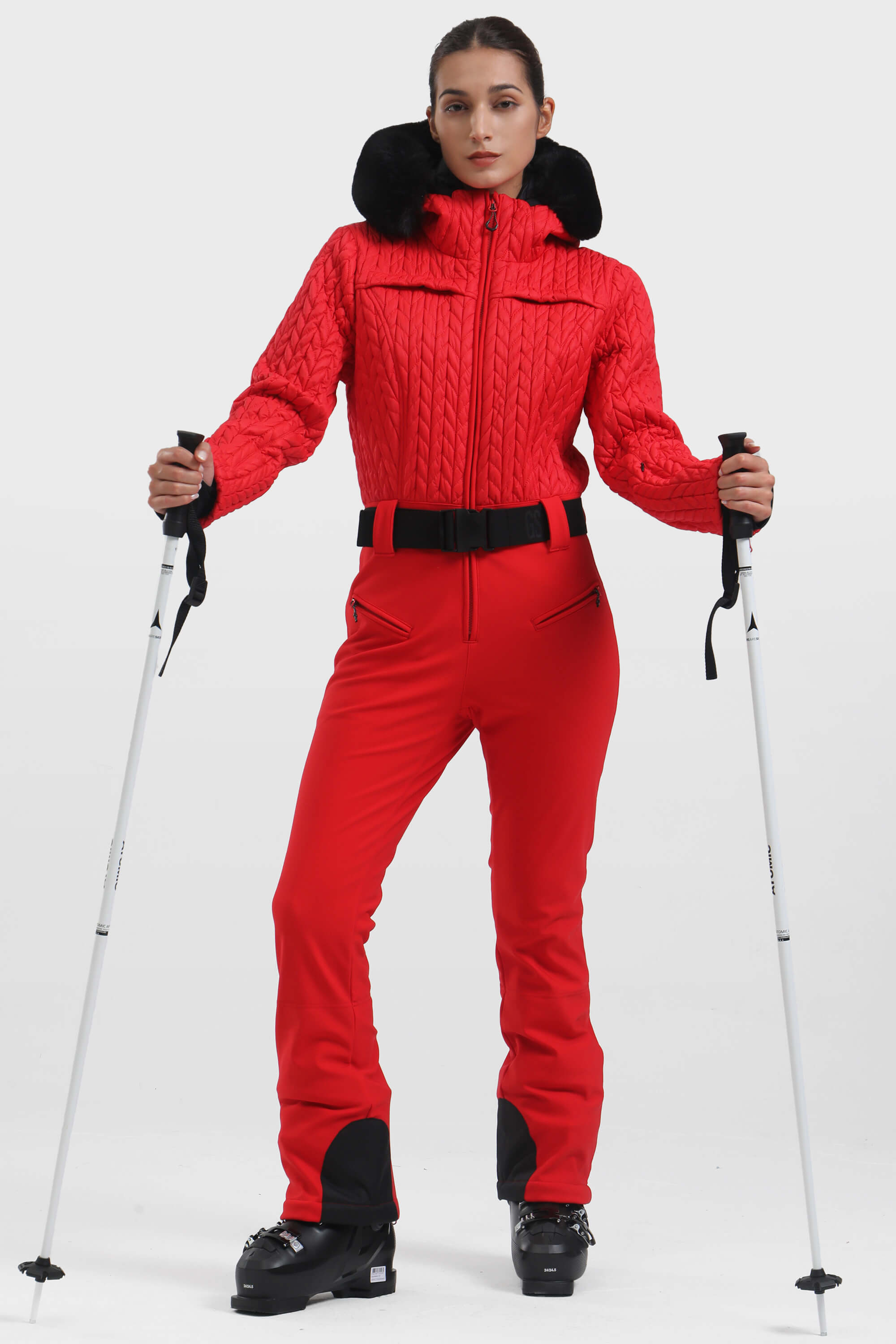 Women's Neon Orange Full Shirred Design One-Piece Ski Suit