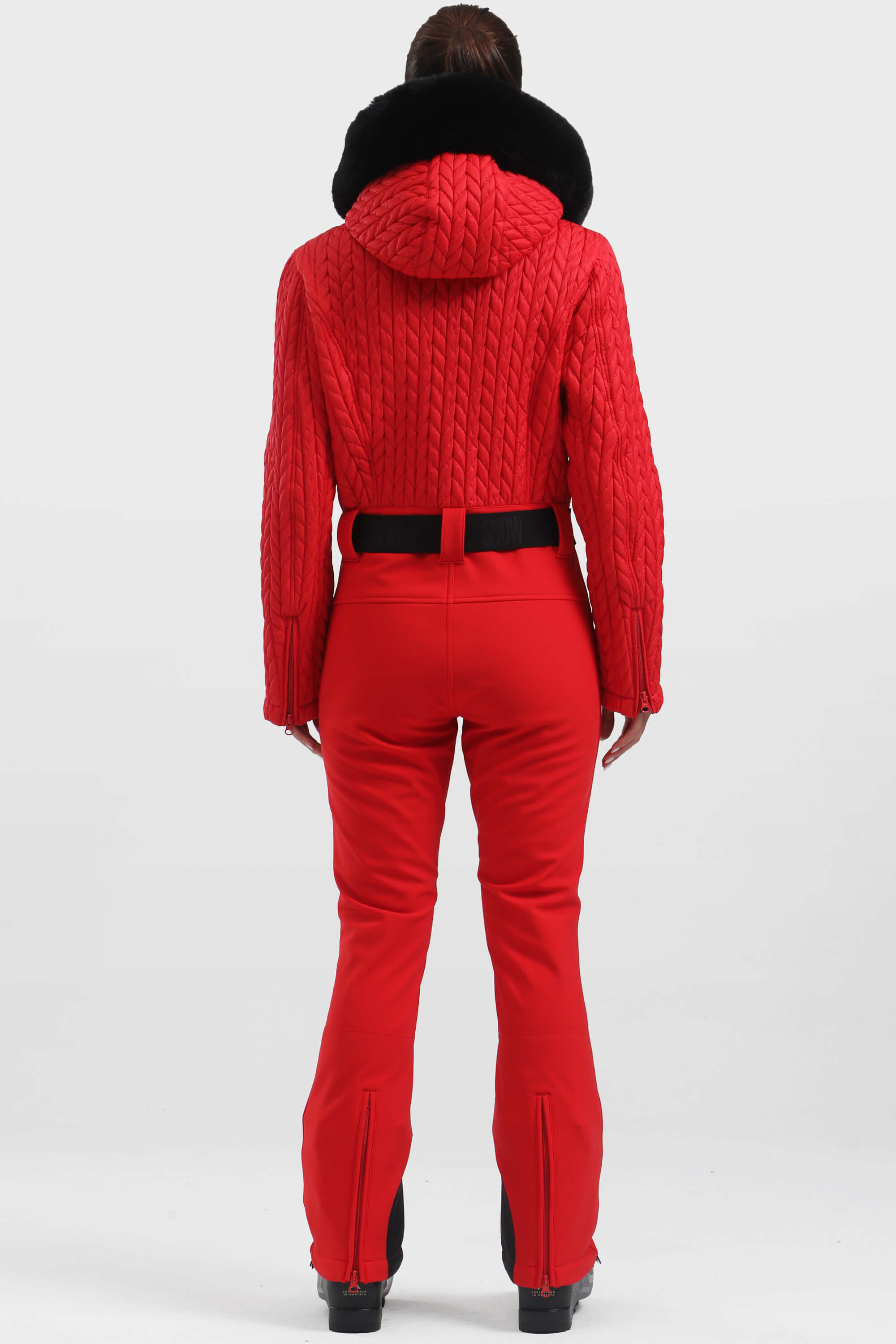 Women's Neon Red Full Shirred Design One-Piece Ski Suit