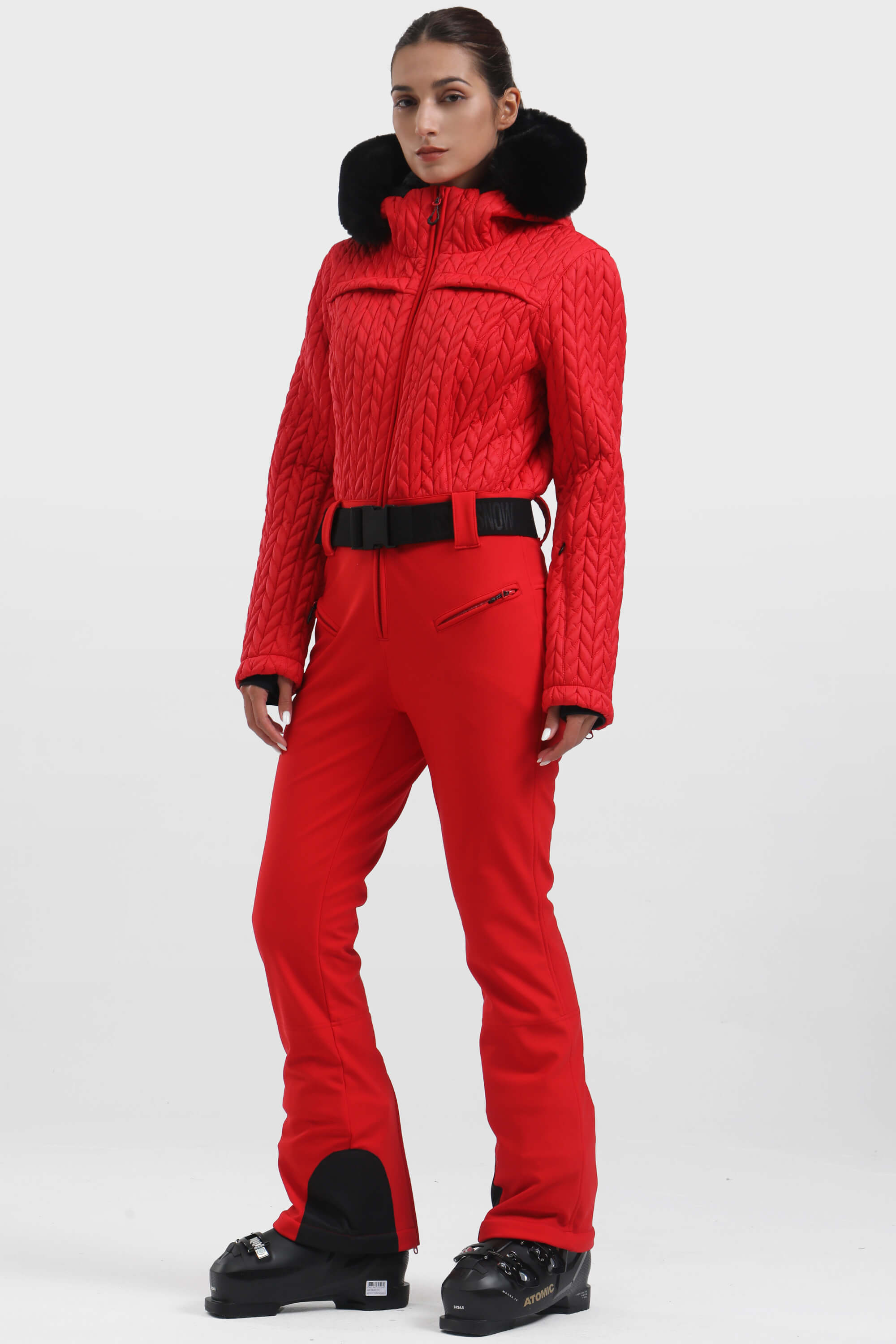 Women's Neon Orange Full Shirred Design One-Piece Ski Suit