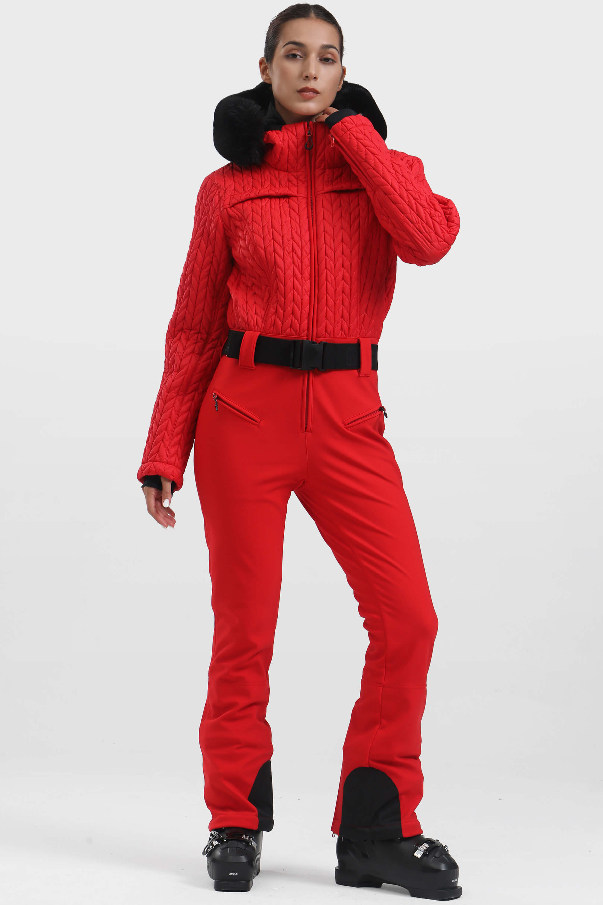 Women's Black Full Shirred Design One-Piece Ski Suit