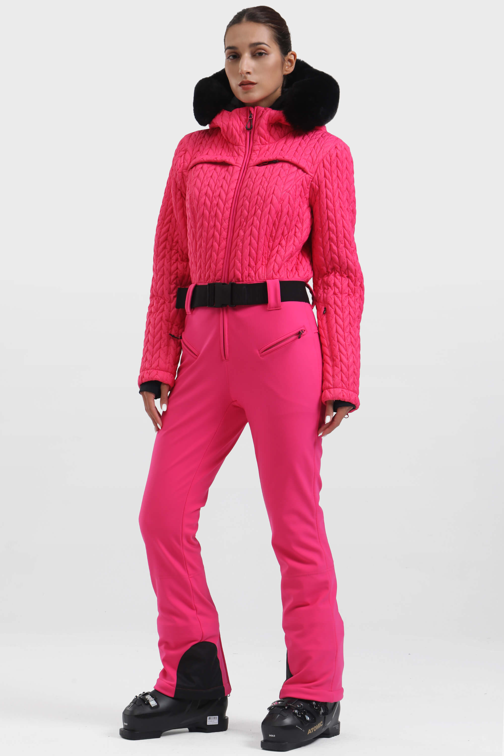 Women's Black Full Shirred Design One-Piece Ski Suit