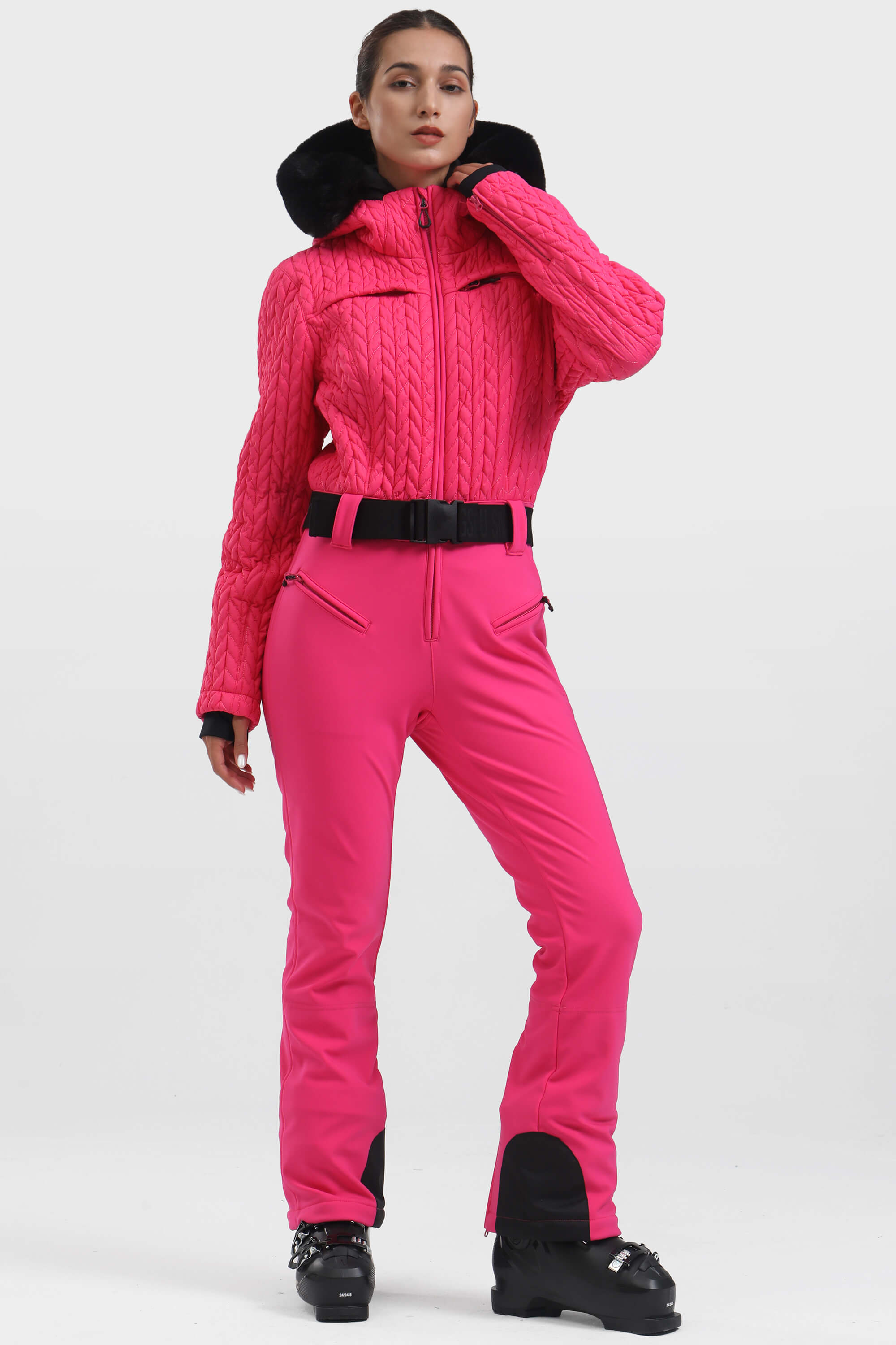 Women's Magenta Full Shirred Design One-Piece Ski Suit