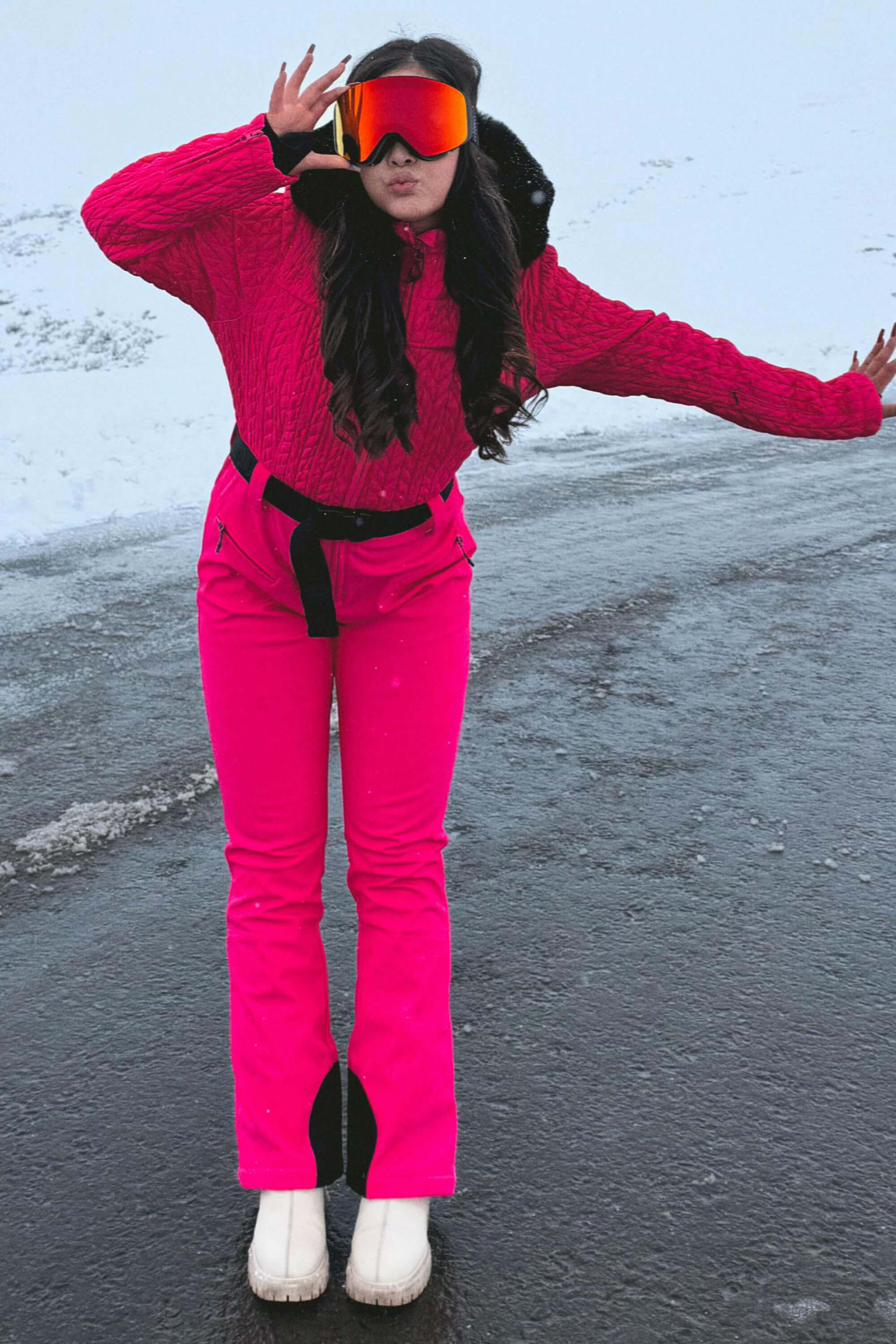 Women's Black Full Shirred Design One-Piece Ski Suit