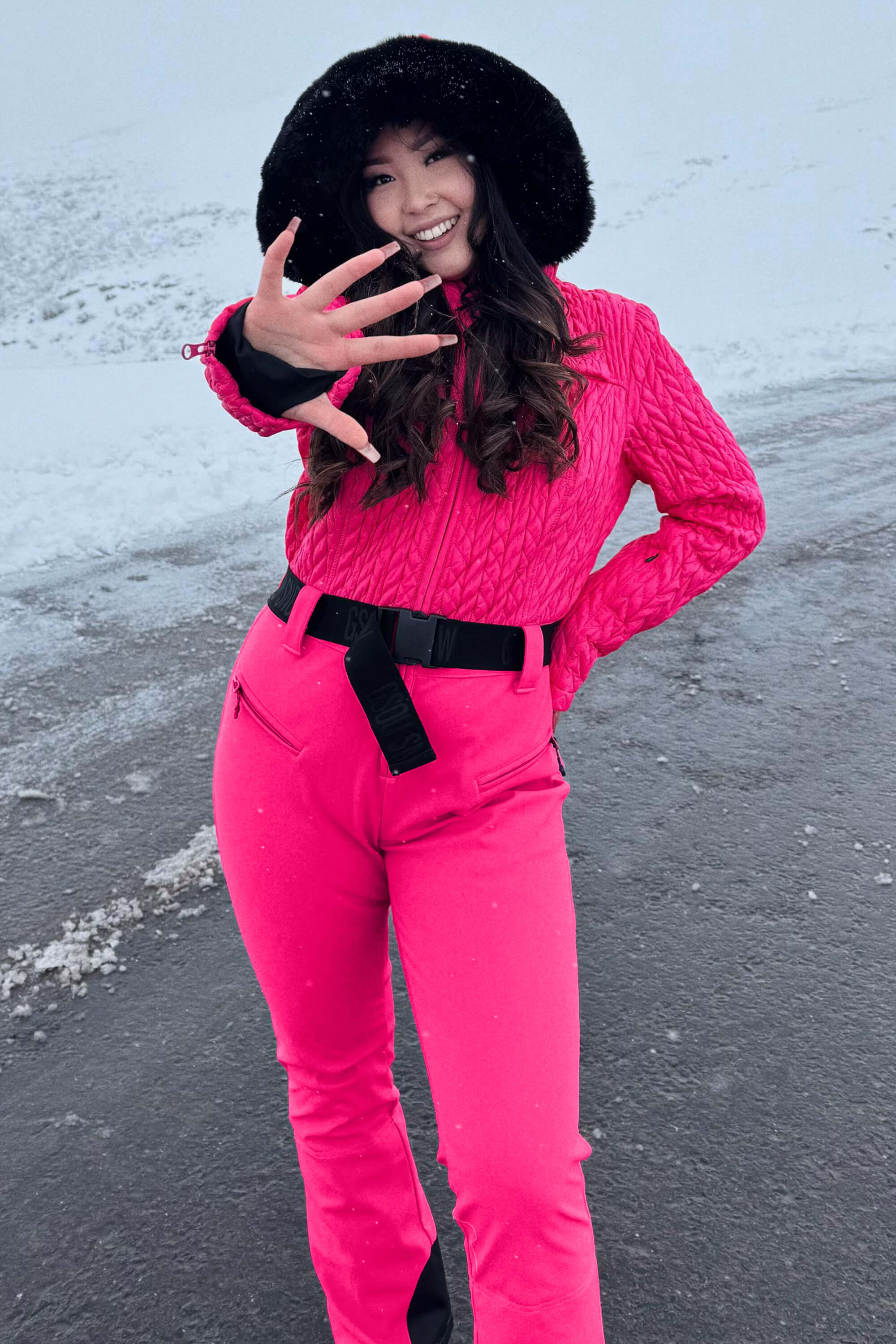 Women's Magenta Full Shirred Design One-Piece Ski Suit