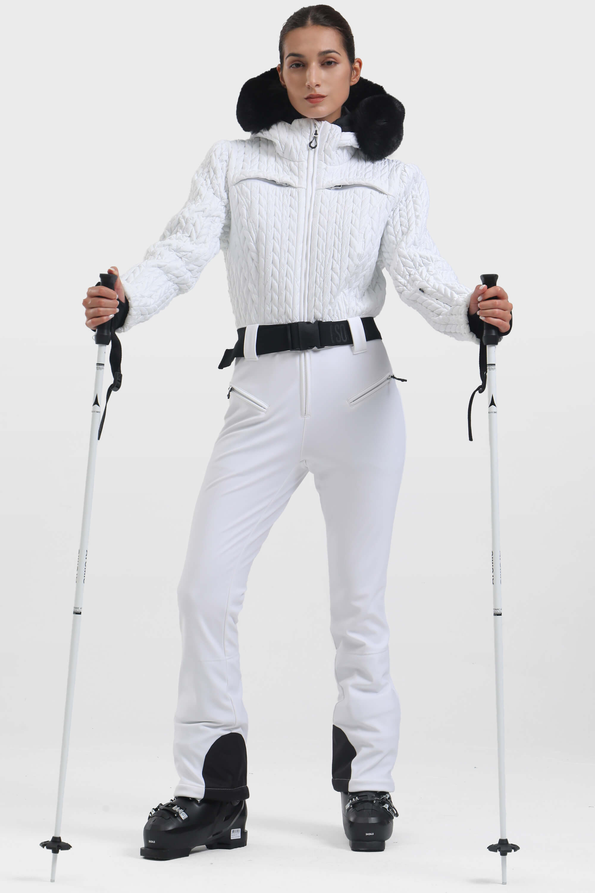 Women's White Full Shirred Design One-Piece Ski Suit