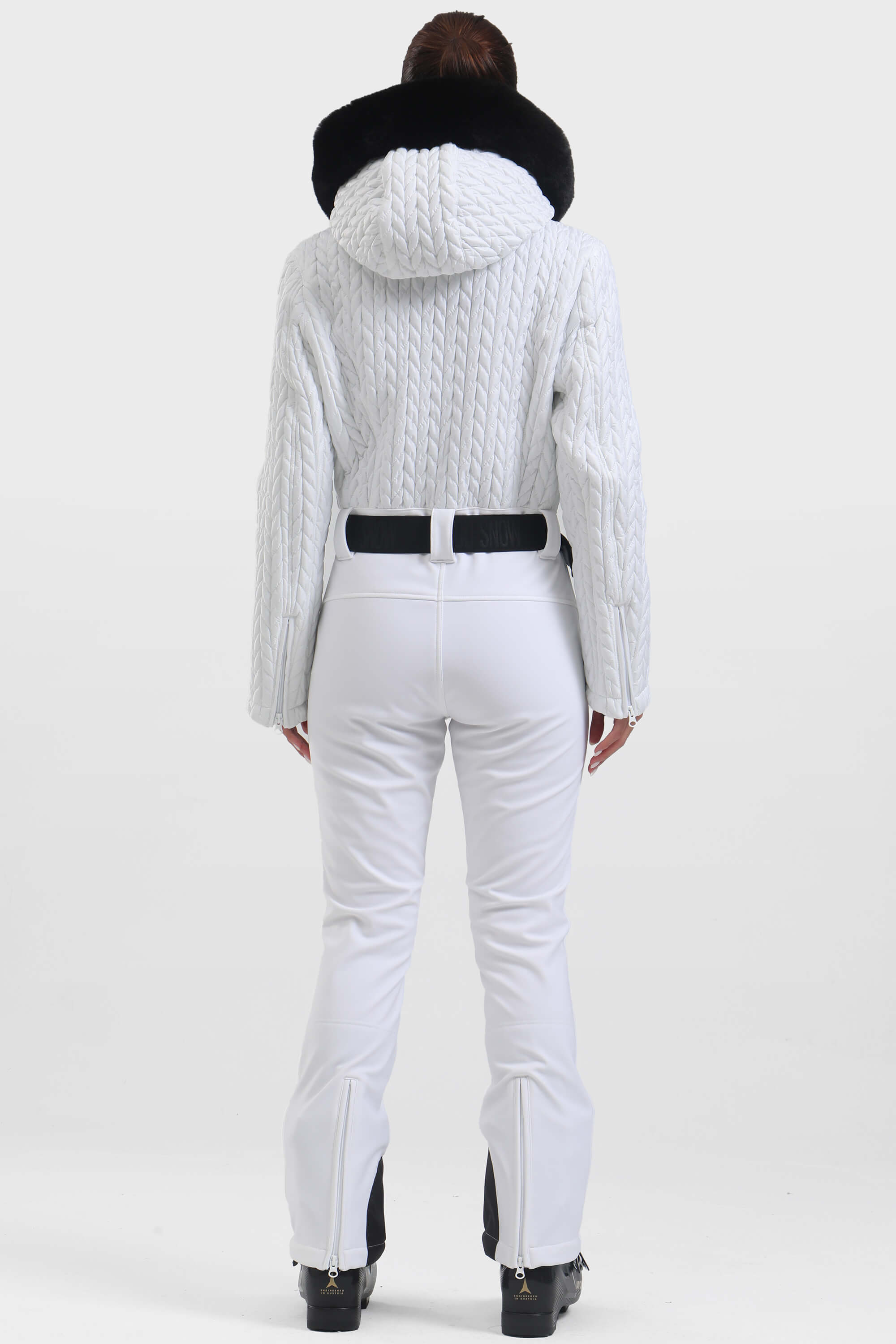 Women's White Full Shirred Design One-Piece Ski Suit