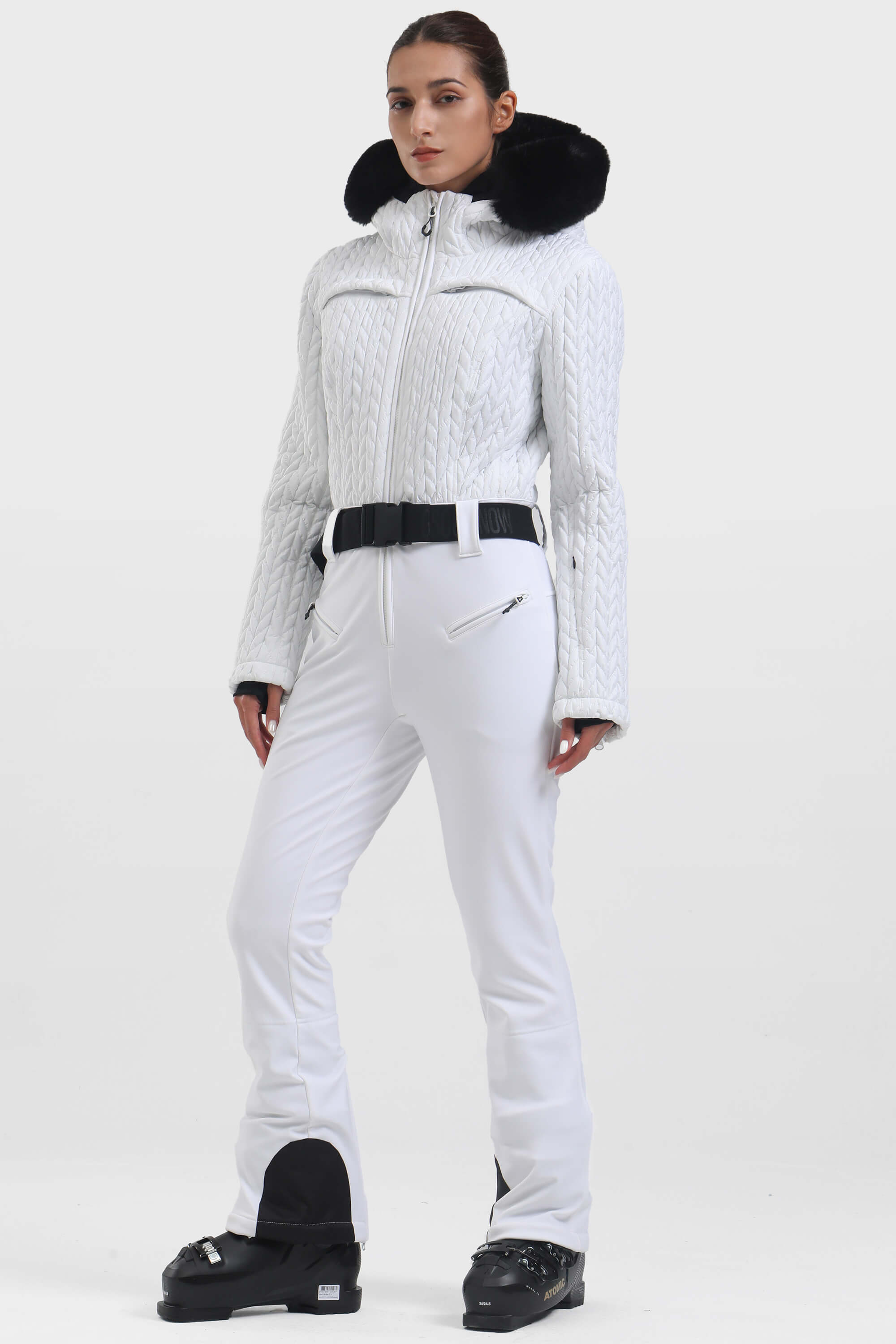 Women's White Full Shirred Design One-Piece Ski Suit