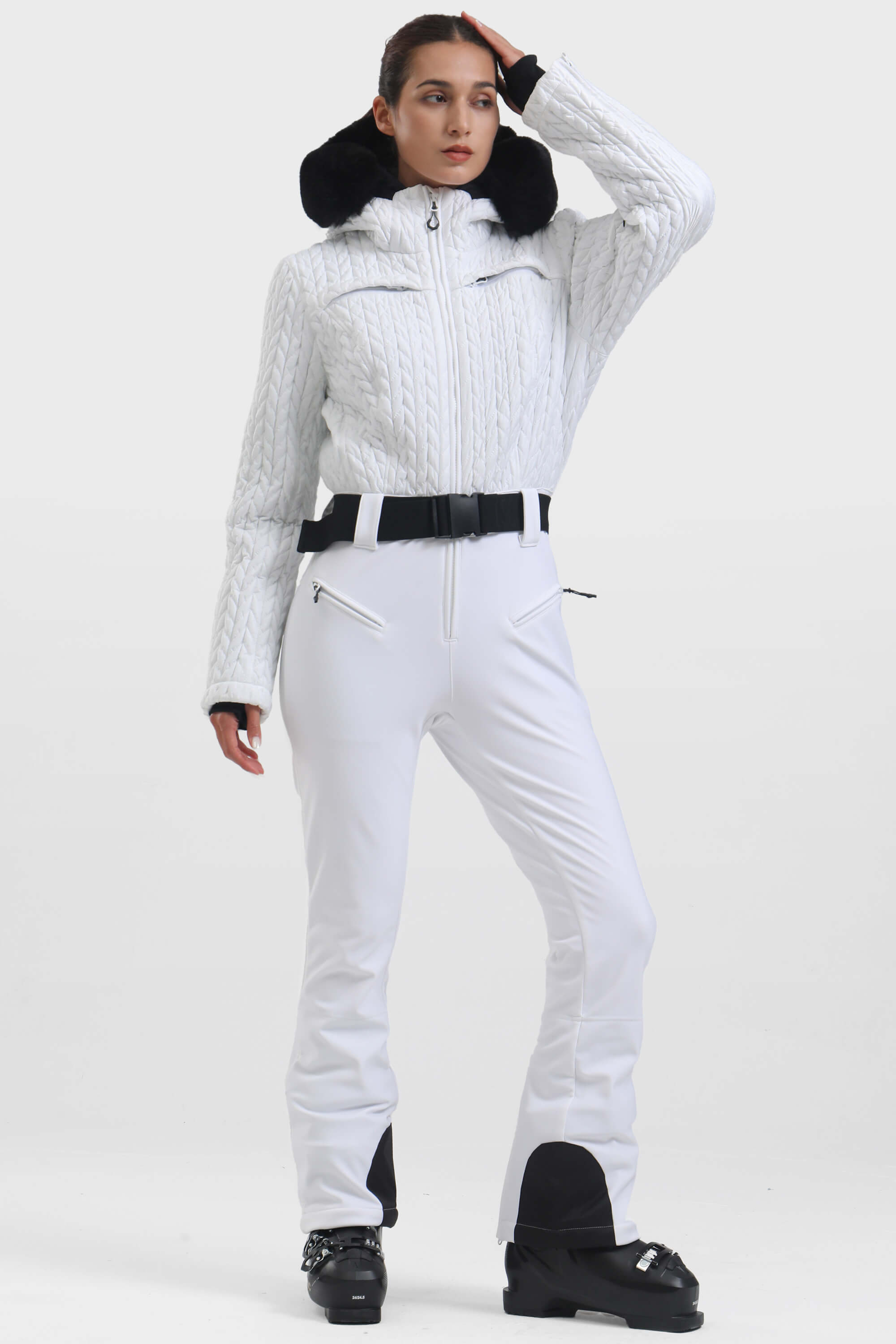 Women's White Full Shirred Design One-Piece Ski Suit