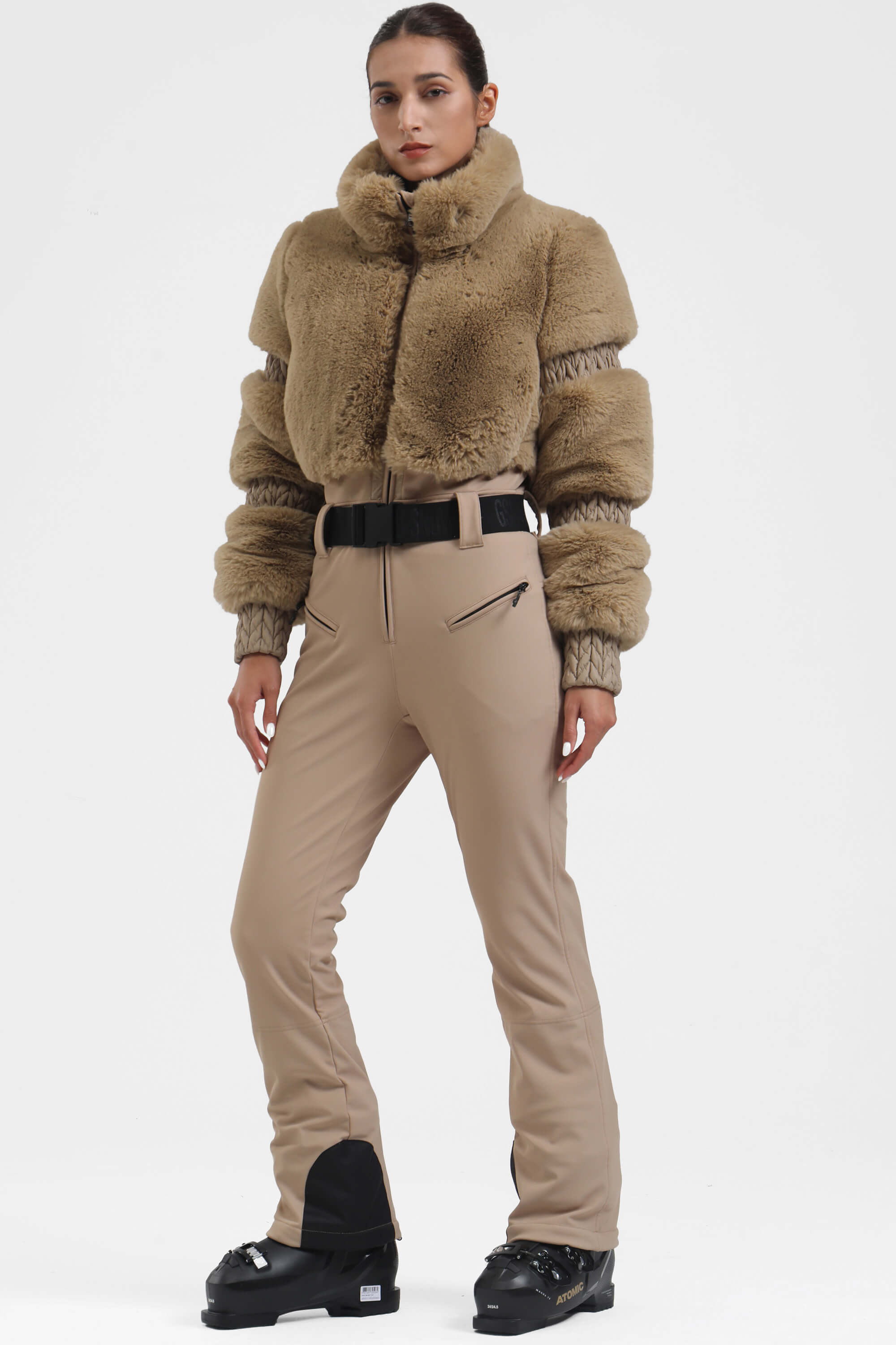 Elegant Women's Grey Faux-Fur One-Piece Ski Suit