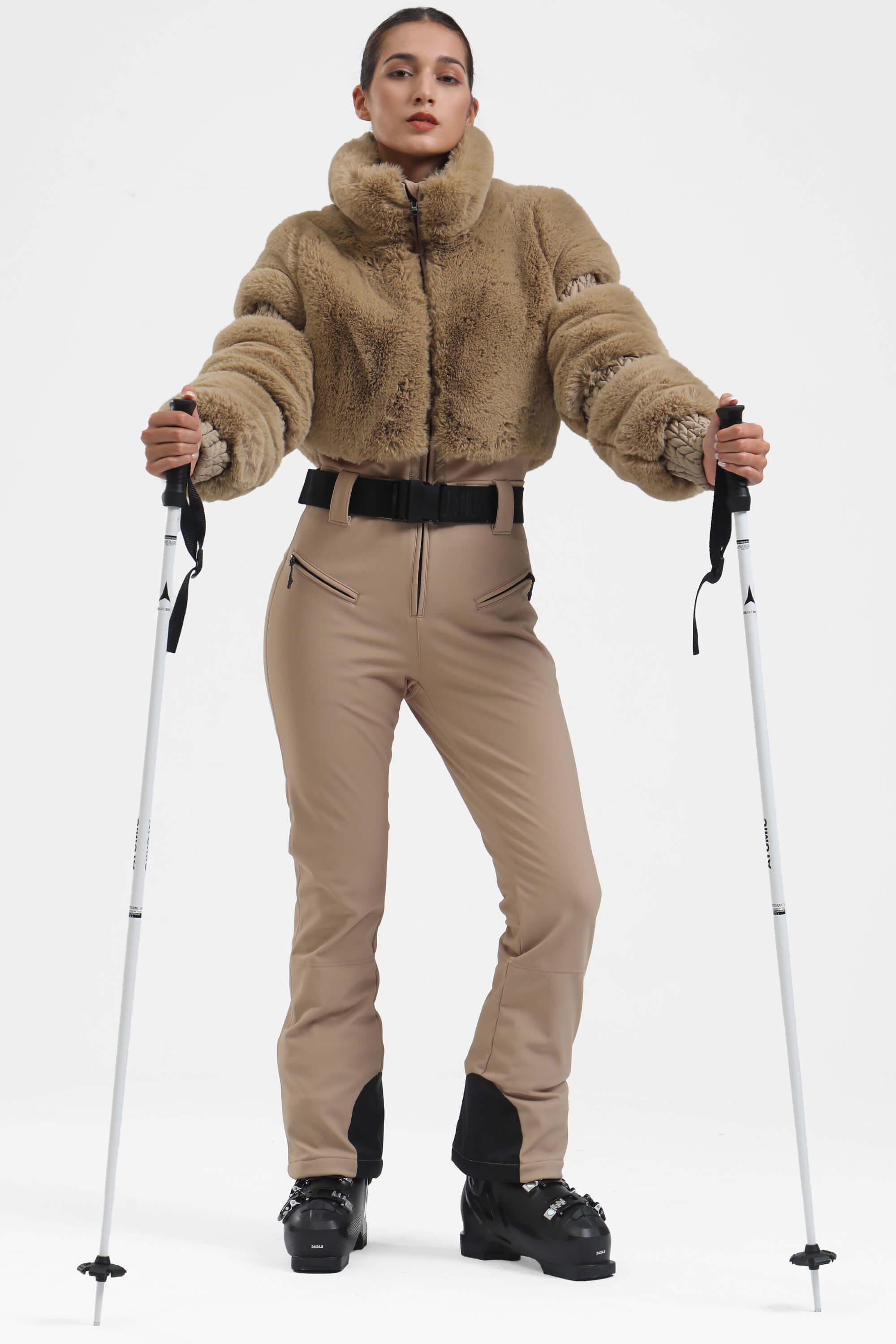Elegant Women's Grey Faux-Fur One-Piece Ski Suit