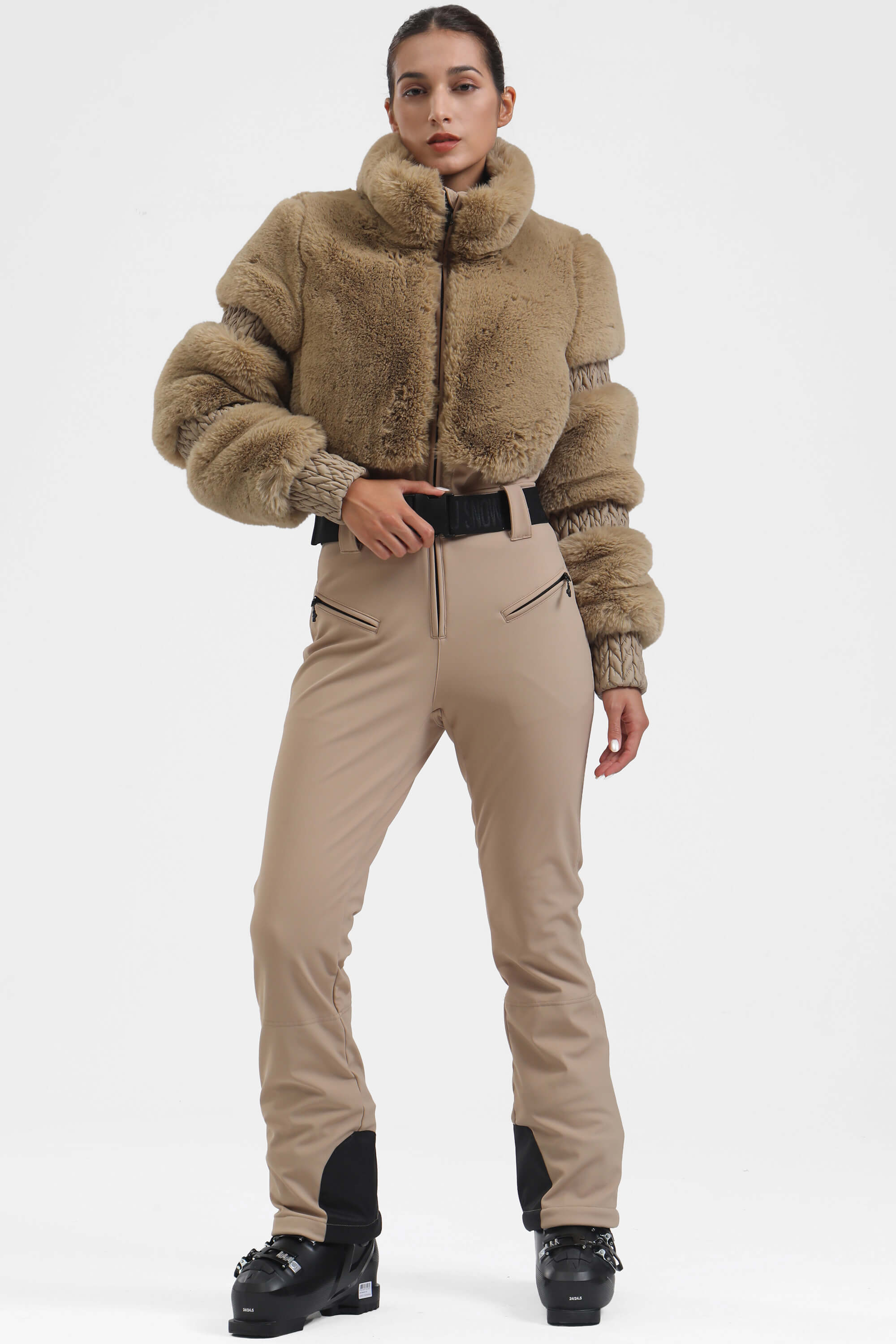 Elegant Women's Grey Faux-Fur One-Piece Ski Suit