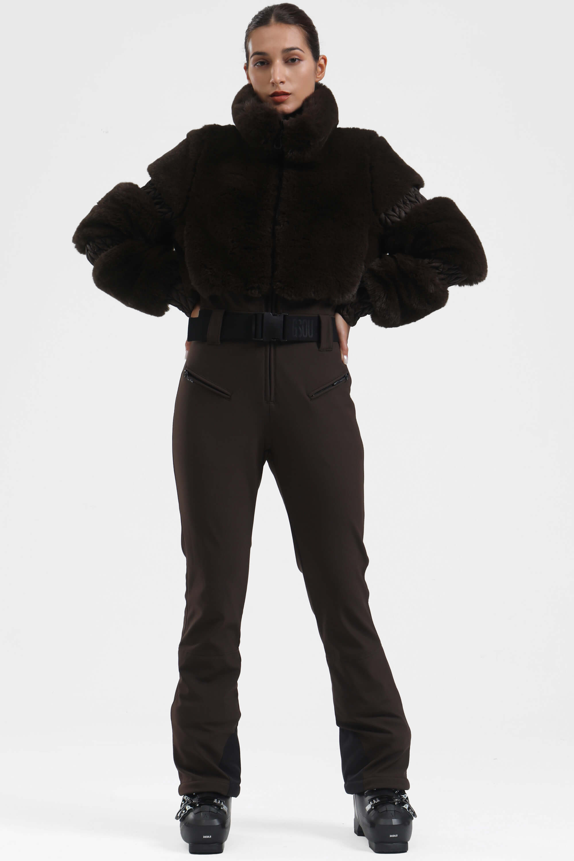 Elegant Women's Grey Faux-Fur One-Piece Ski Suit