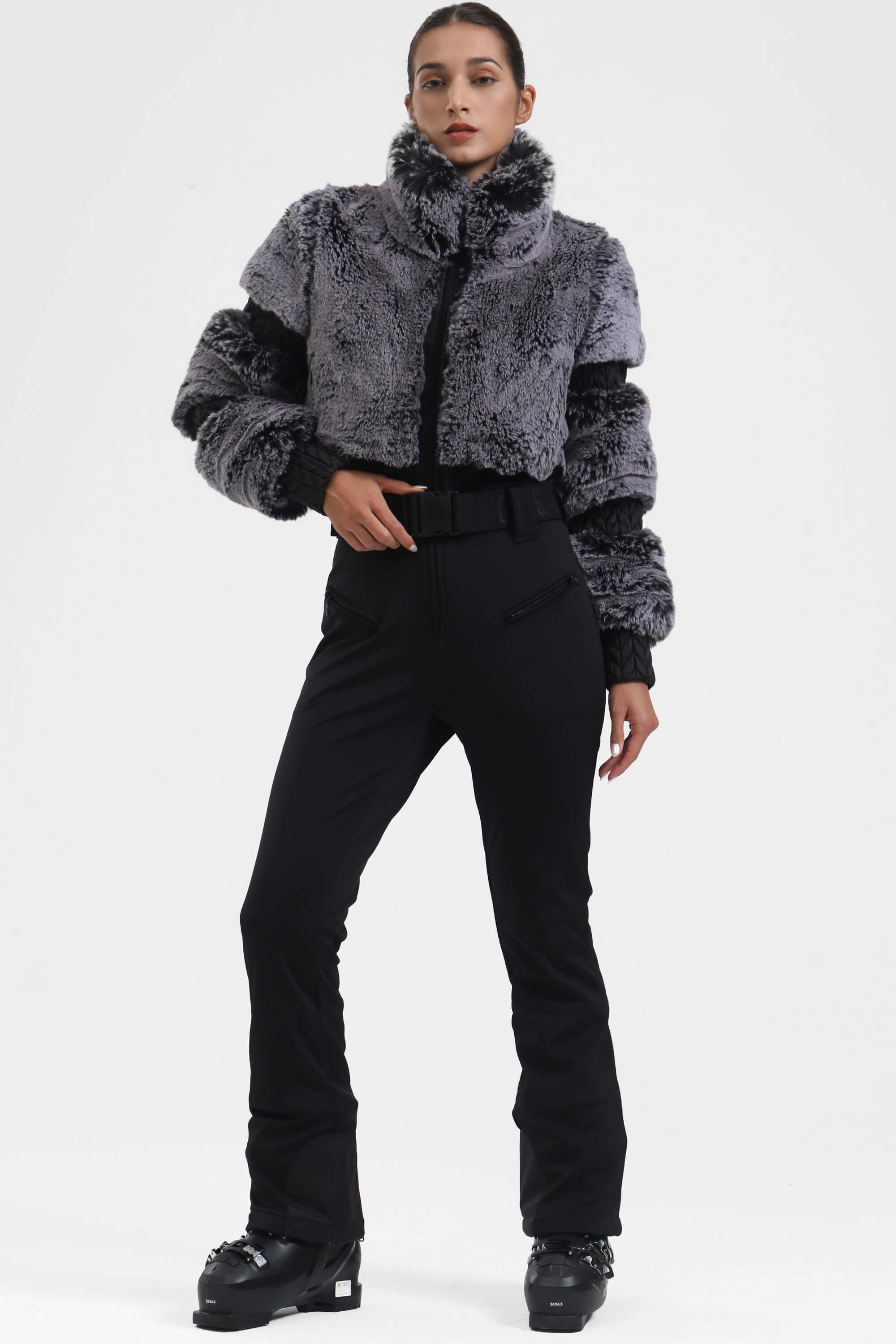 Elegant Women's Grey Faux-Fur One-Piece Ski Suit